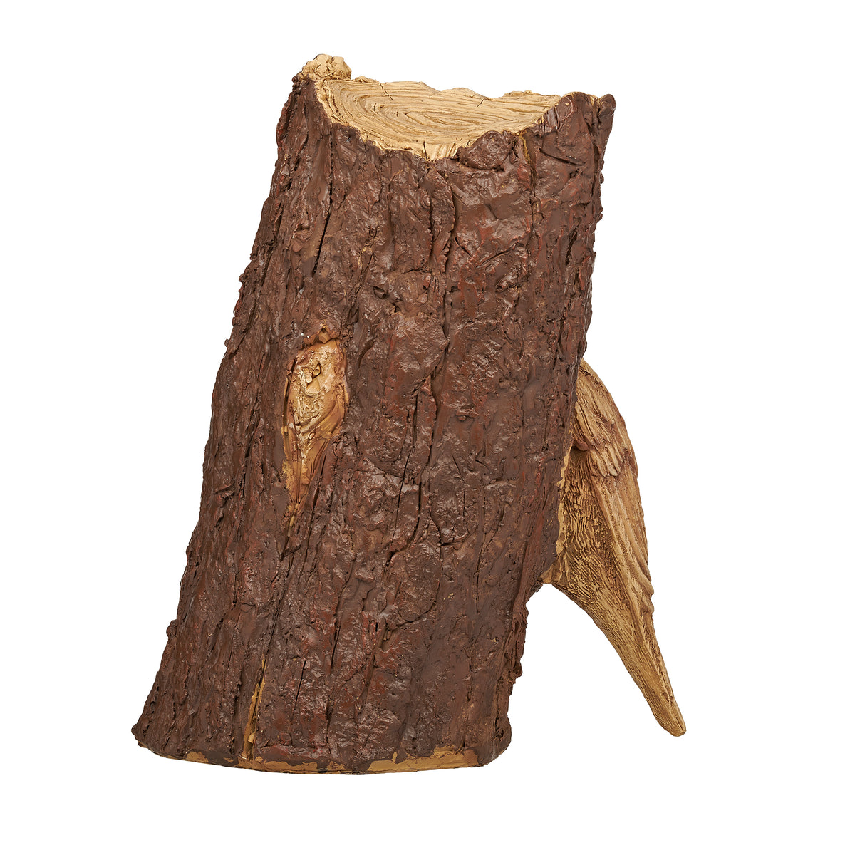 Back view of Mother Robin & Babies in Tree Trunk Garden Statue showing the rustic tree trunk and sculpted wood-grain texture