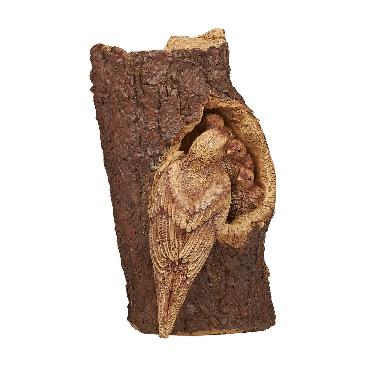 Side view of Mother Robin & Babies in Tree Trunk Garden Statue showing the mother bird at the hollow trunk opening with the nestlings inside