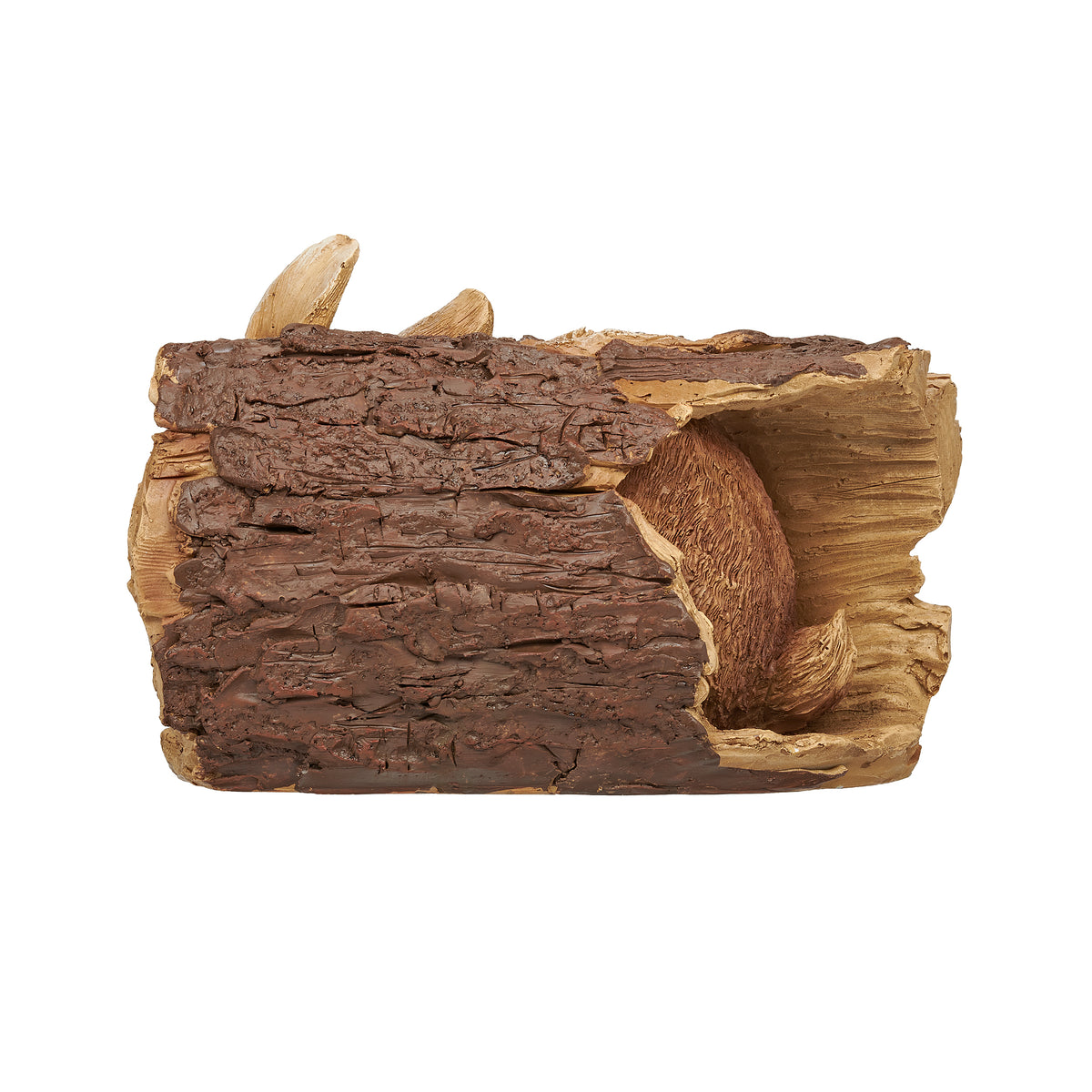 Side view of Bunny in Tree Trunk Garden Statue showing the textured tree trunk and rabbit nestled inside