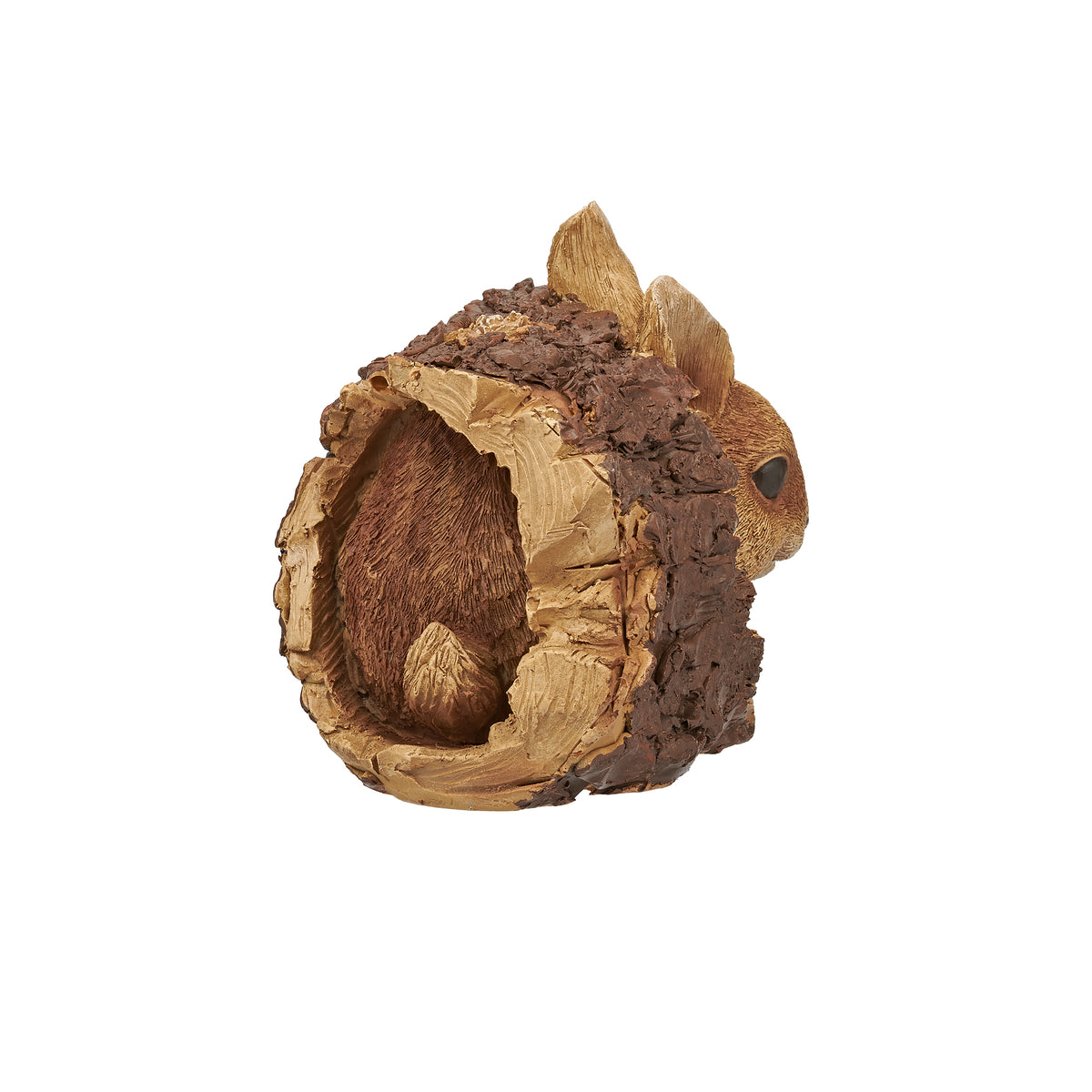 End view of Bunny in Tree Trunk Garden Statue showing the rabbit framed by the hollow rustic log