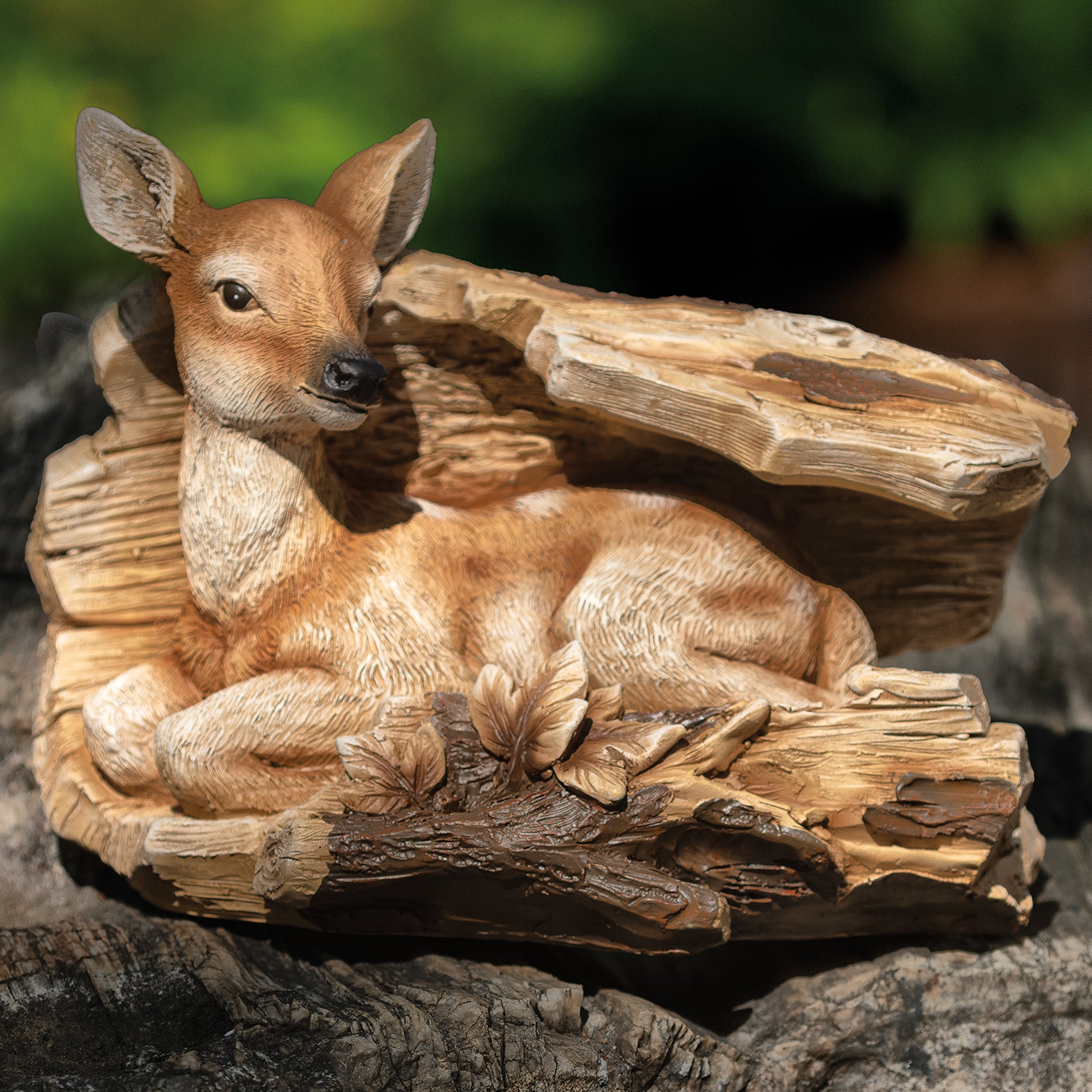 Fawn in Tree Trunk Garden Statue – Timber Tails Collection