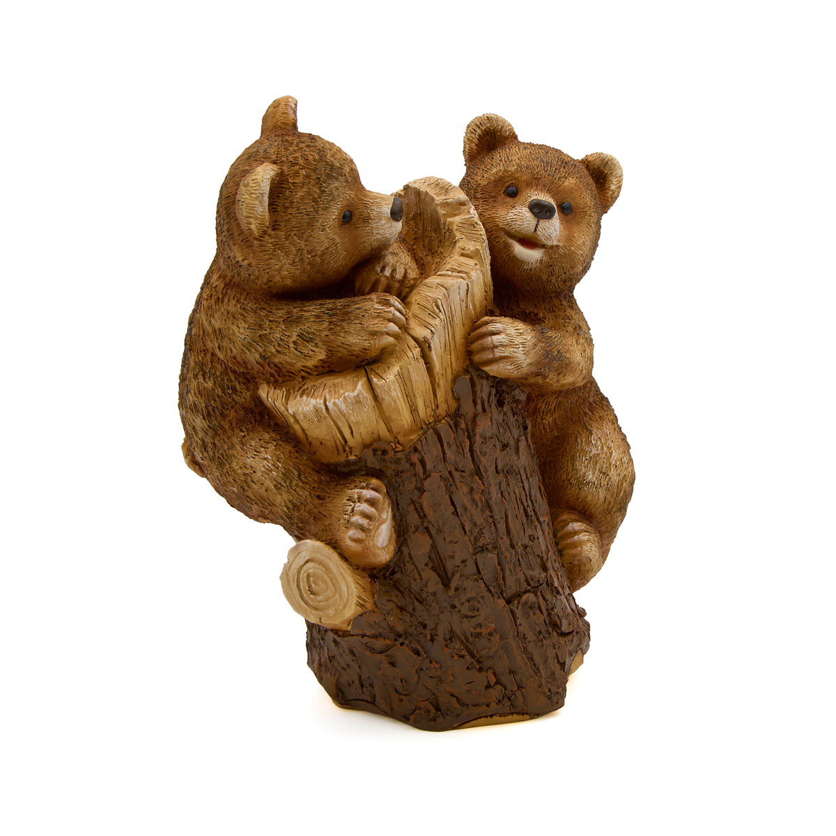 Front angled view of Bear Cubs Climbing Tree Garden Statue showing both cubs climbing the rustic tree trunk