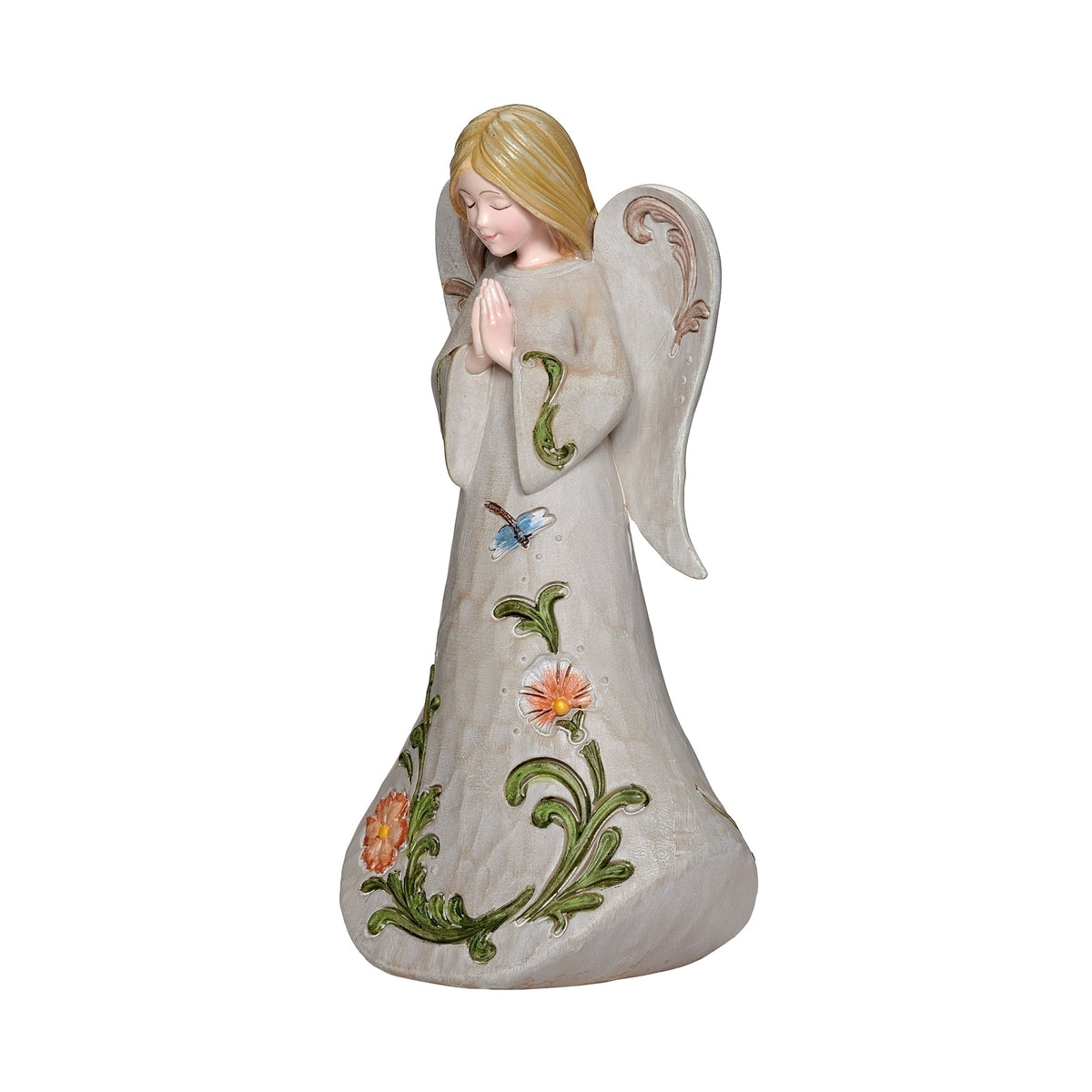 Side view of Graceful Praying Angel Figure showing the floral gown and detailed wings