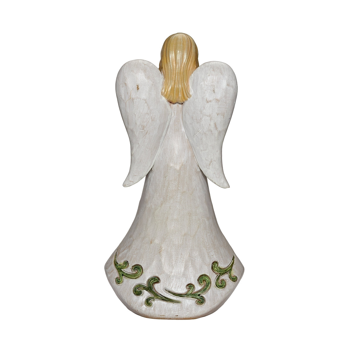 Back view of Graceful Praying Angel Figure showing the sculpted angel wings and floral accents