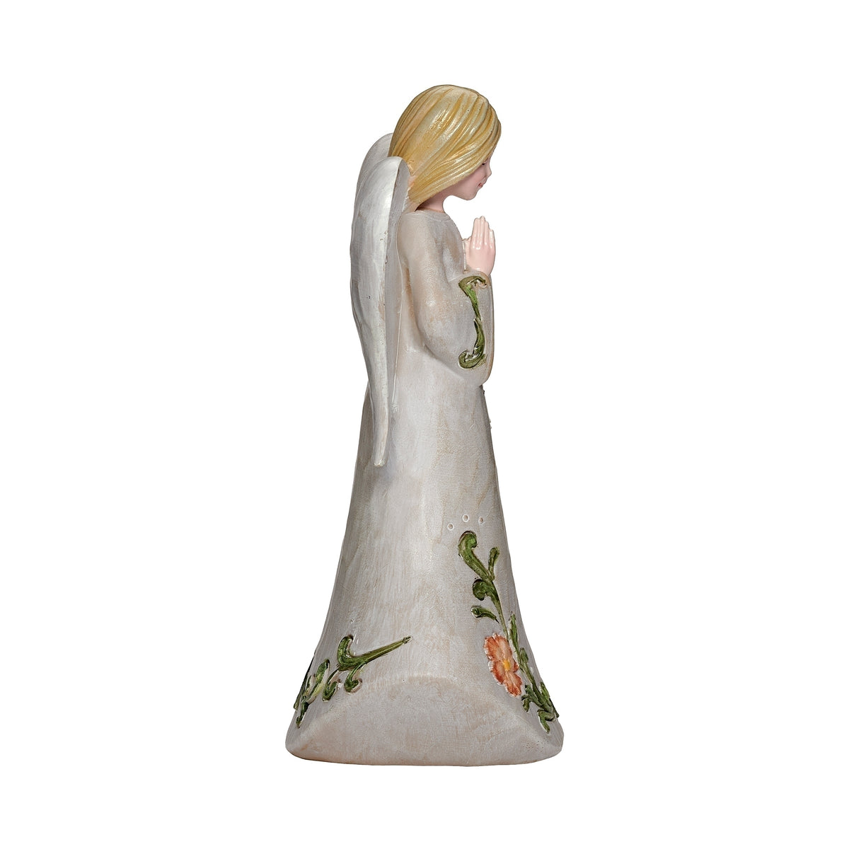 Opposite side view of Graceful Praying Angel Figure showing the flowing gown and wing details