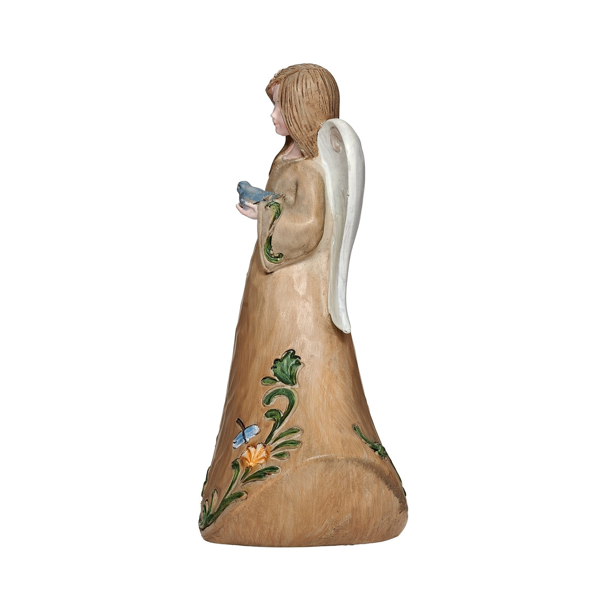 Side view of Floral Angel with Bluebird Figure showing the bluebird, floral gown, and sculpted wings