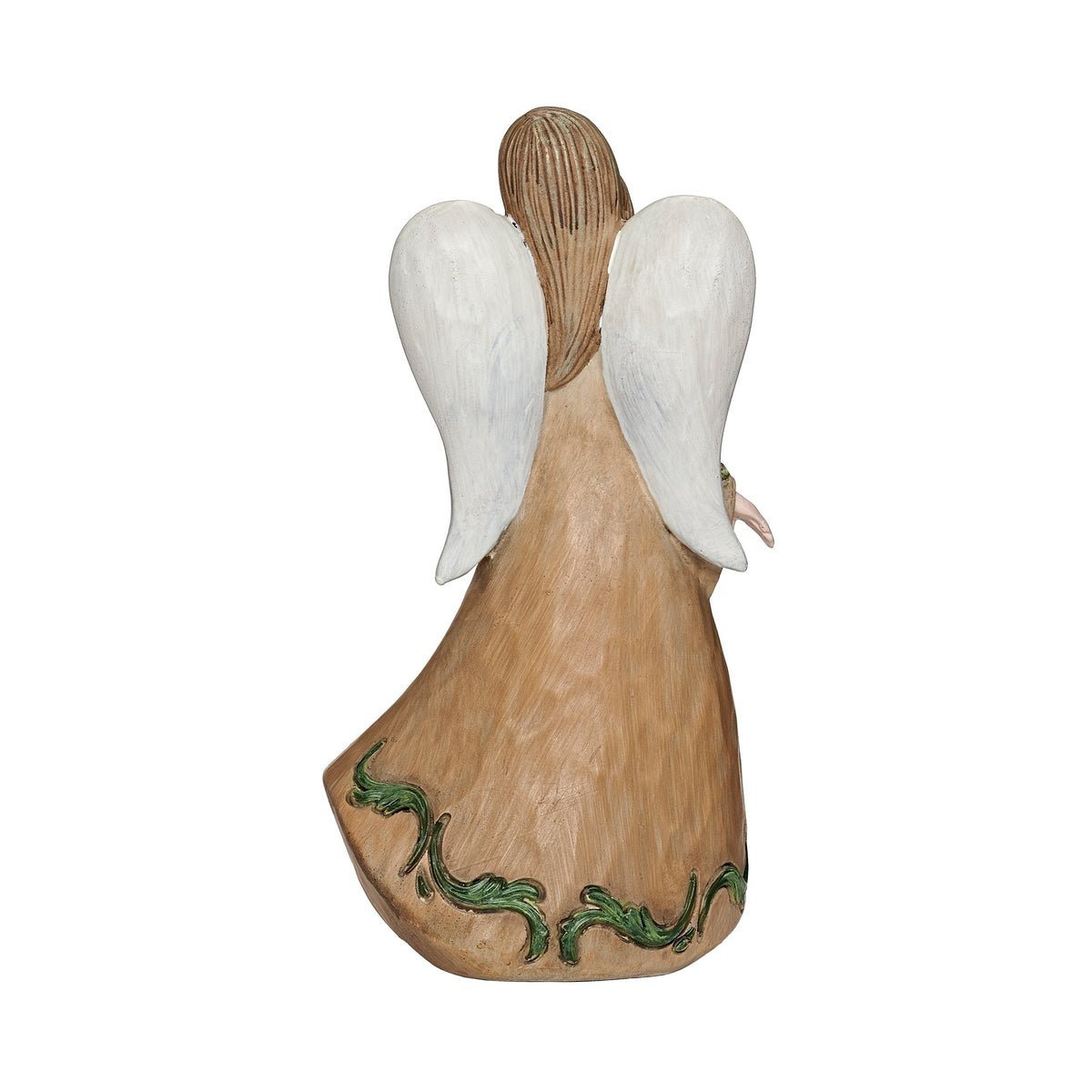 Back view of Floral Angel with Bluebird Figure showing the white wings and floral detailing along the gown