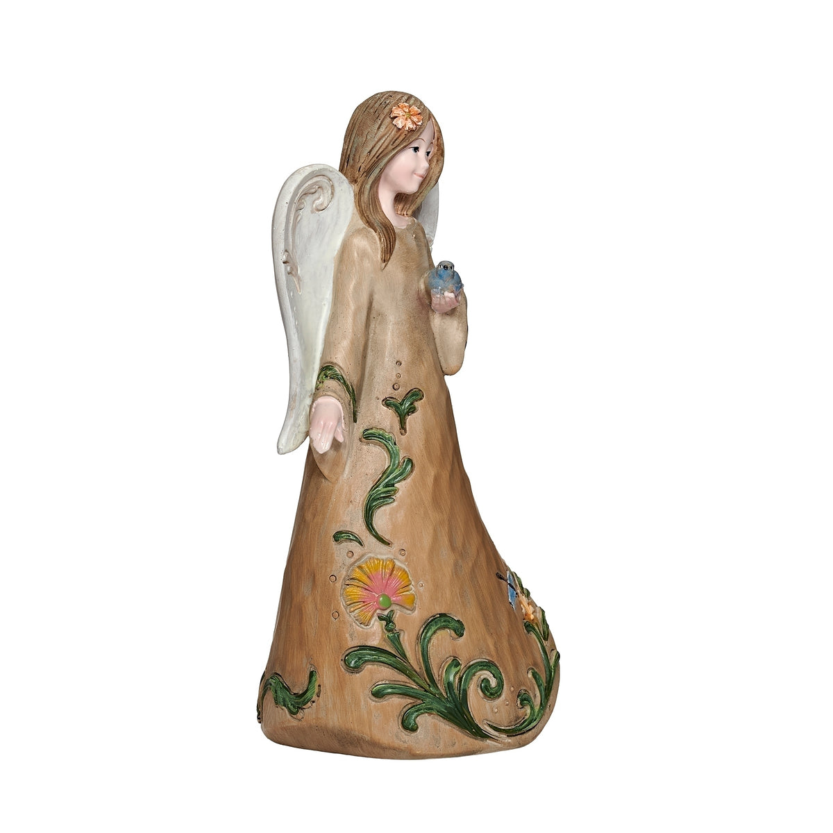 Opposite side view of Floral Angel with Bluebird Figure showing the flowing tan gown, flowers, and wing details