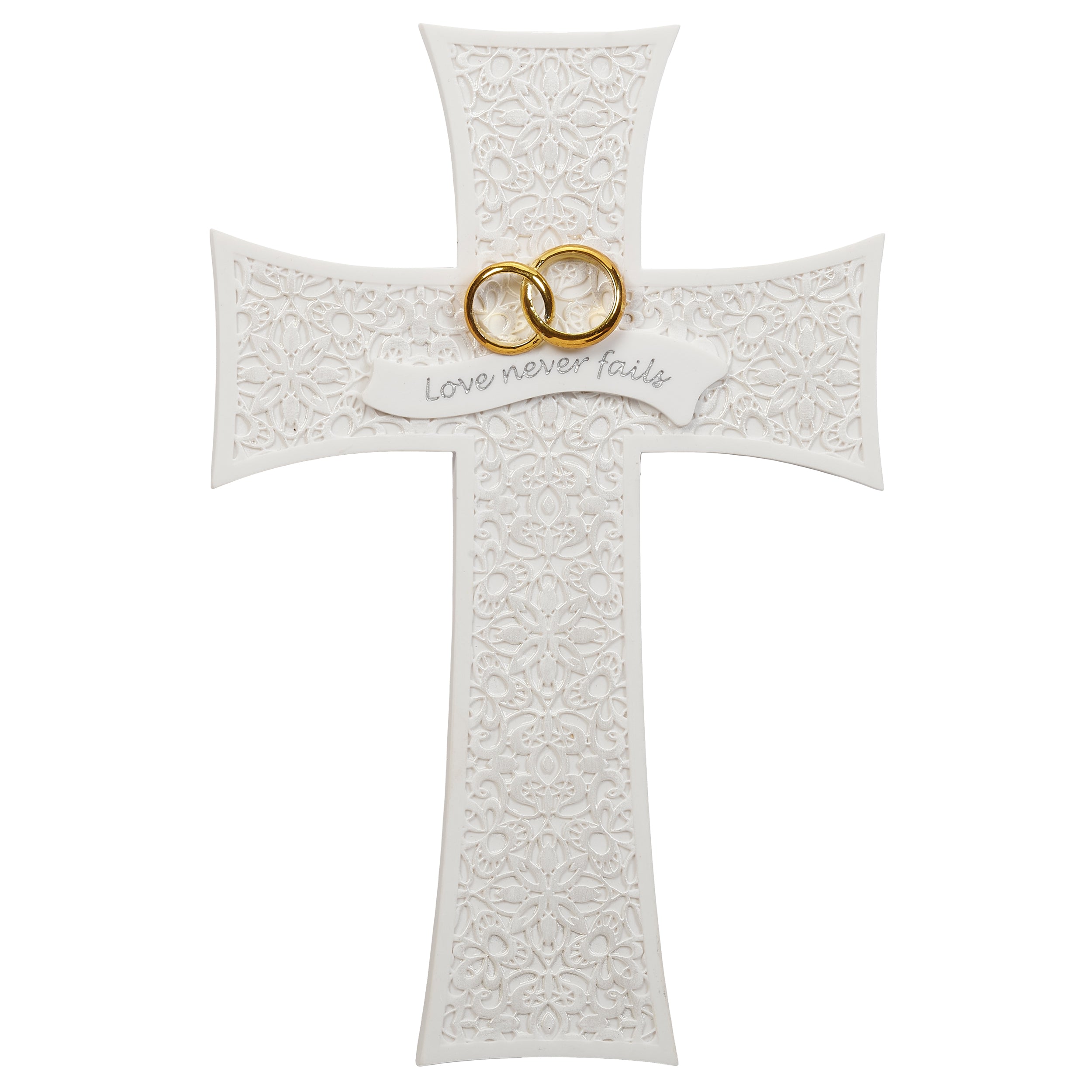 Wedding Wall Cross with Interlocking Rings & Love Never Fails Inscription