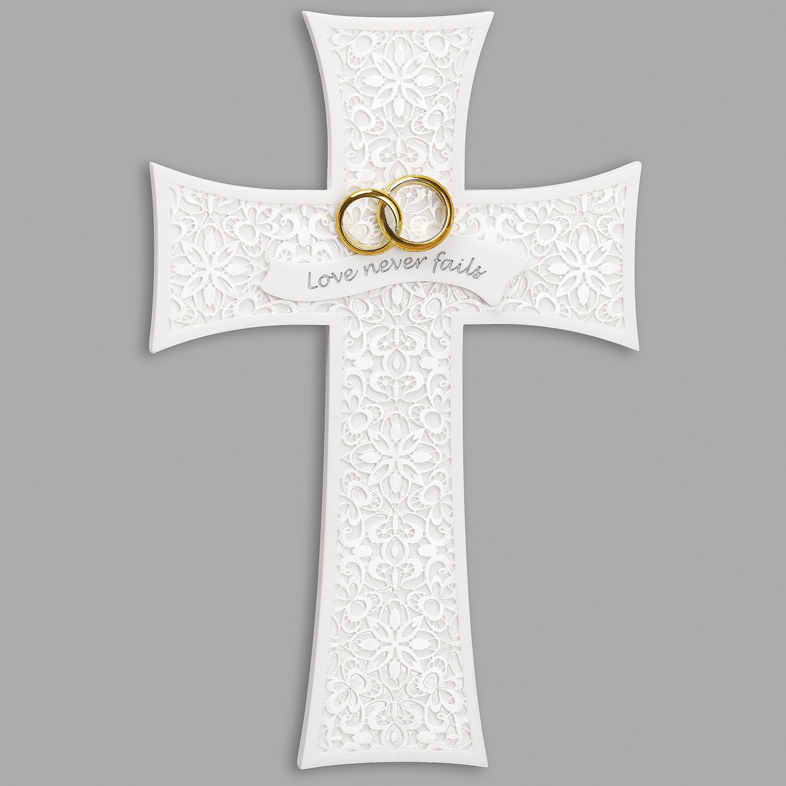 Wedding Wall Cross with Interlocking Rings & Love Never Fails Inscription