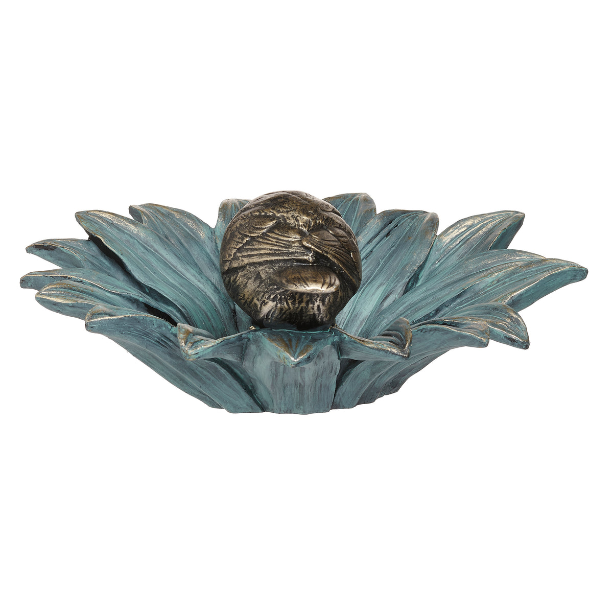 Front view of Bird on Sunflower Bird Feeder showing the bird resting along the edge of the flower-shaped tray