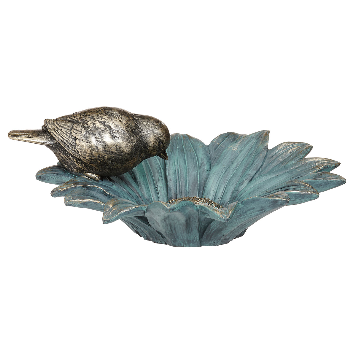 Side view of Bird on Sunflower Bird Feeder showing the sculpted bird and wide sunflower seed tray