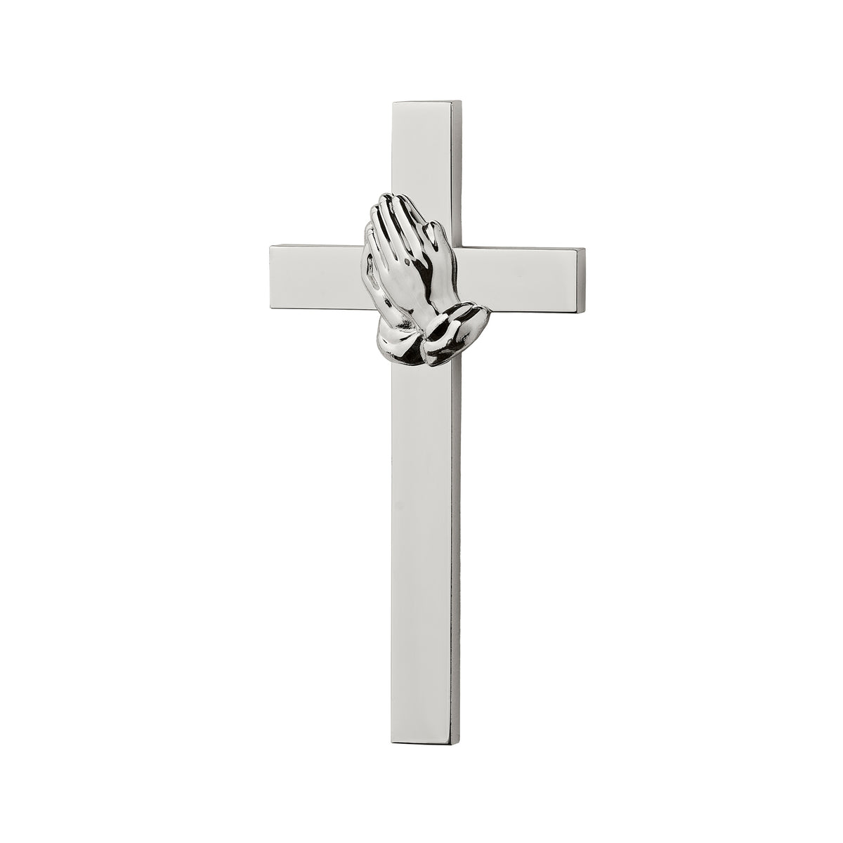 Front view of silver wall cross with raised praying hands detail