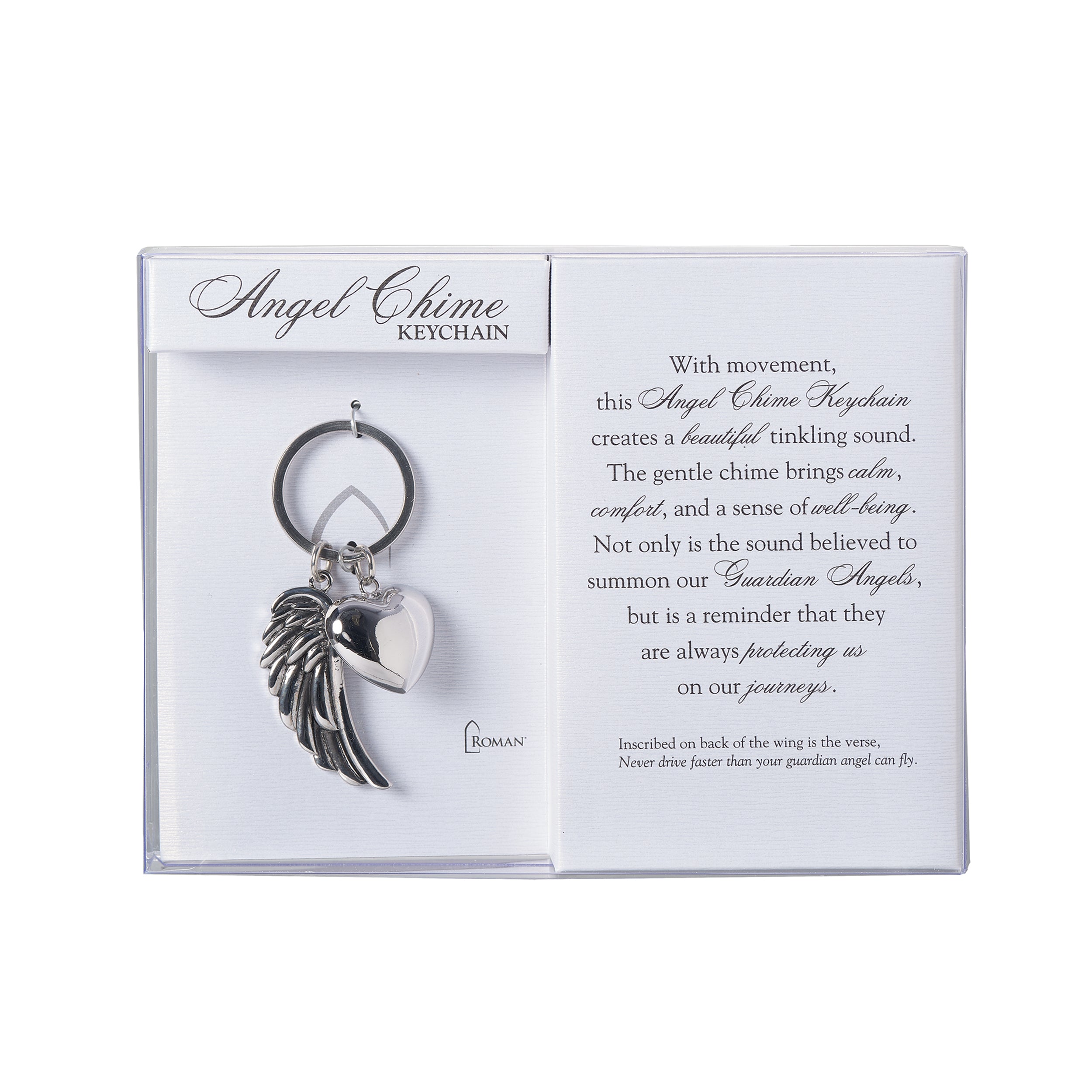 Silver-Tone Guardian Angel Wing Keychain with Heart Charm