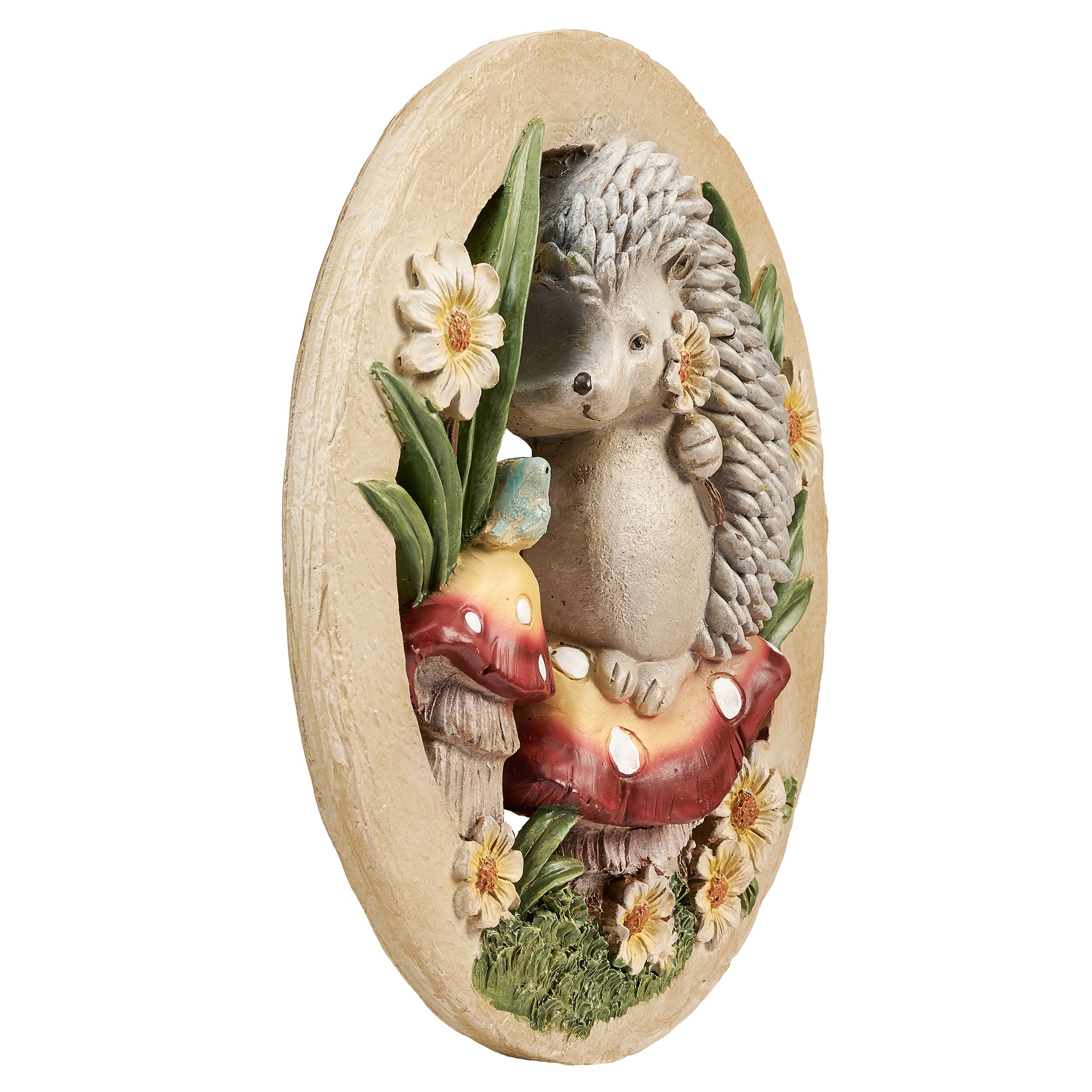Hedgehog with Mushrooms & Daisies Garden Stone