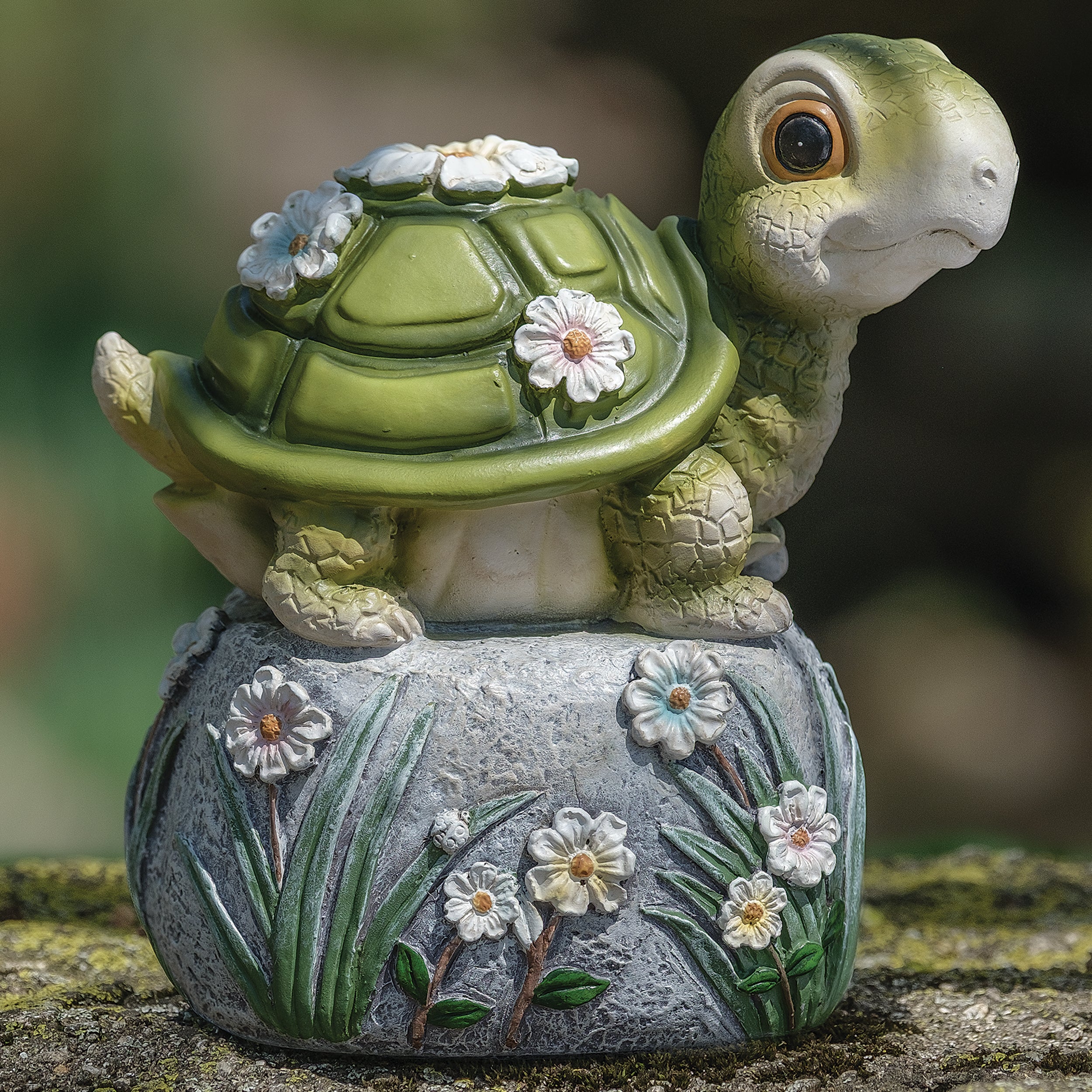 Turtle on Stone Garden Statue with Floral Accents