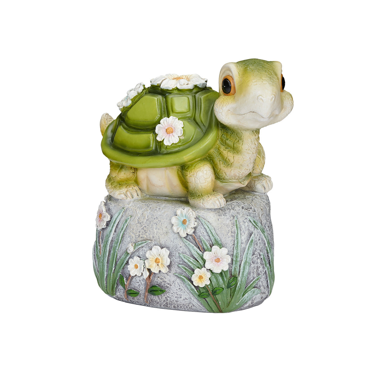 Opposite side view of Turtle on Stone Garden Statue showing the turtle profile, shell details, and floral grass accents