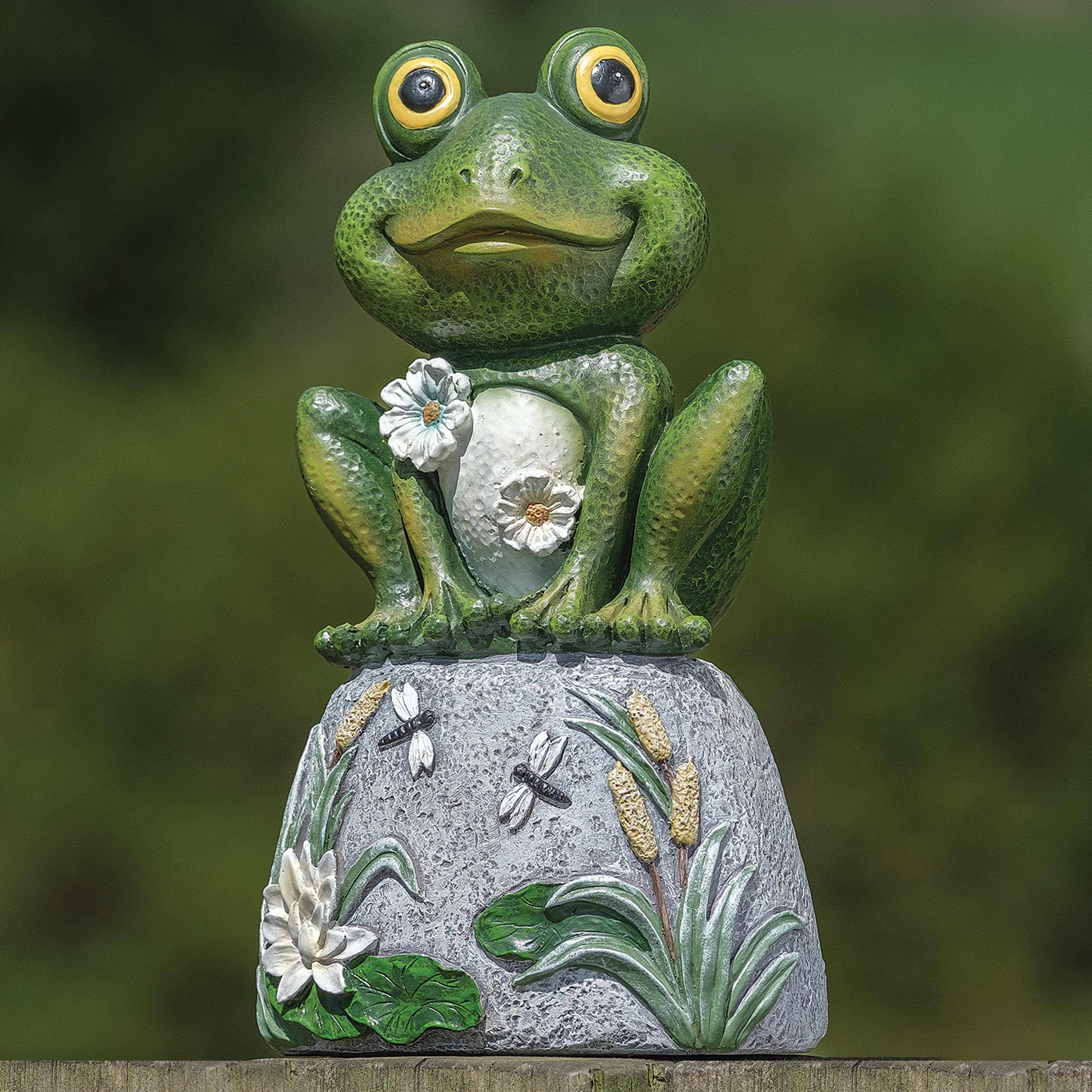 Frog on Stone Garden Statue with Floral & Pond Accents