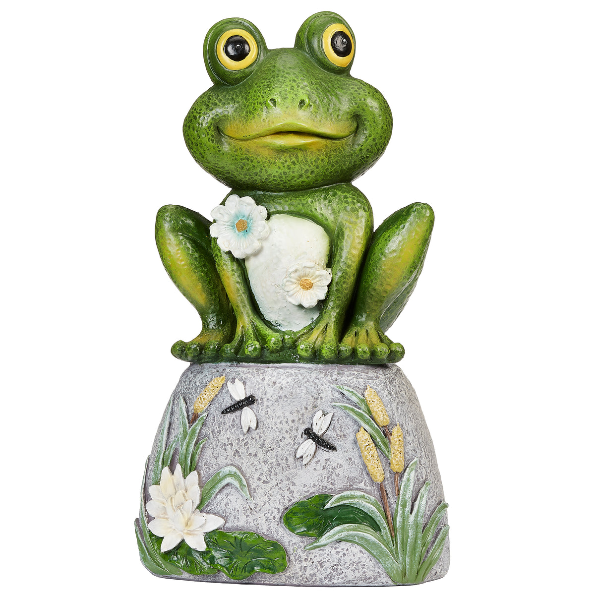 Front view of Frog on Stone Garden Statue showing the bright-eyed green frog, floral details, and textured stone base