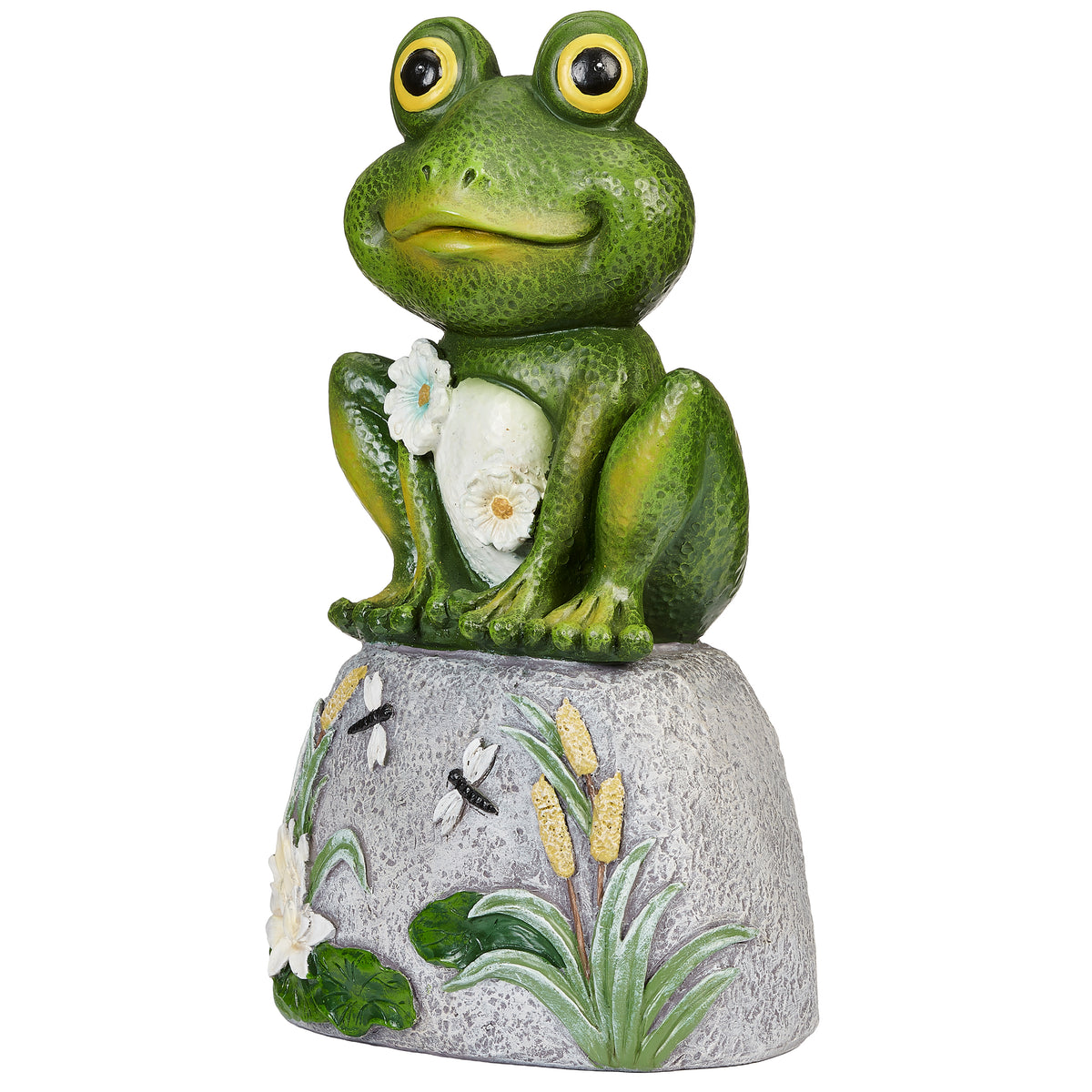 Front angled view of Frog on Stone Garden Statue showing the seated frog, white flowers, and green pond accents