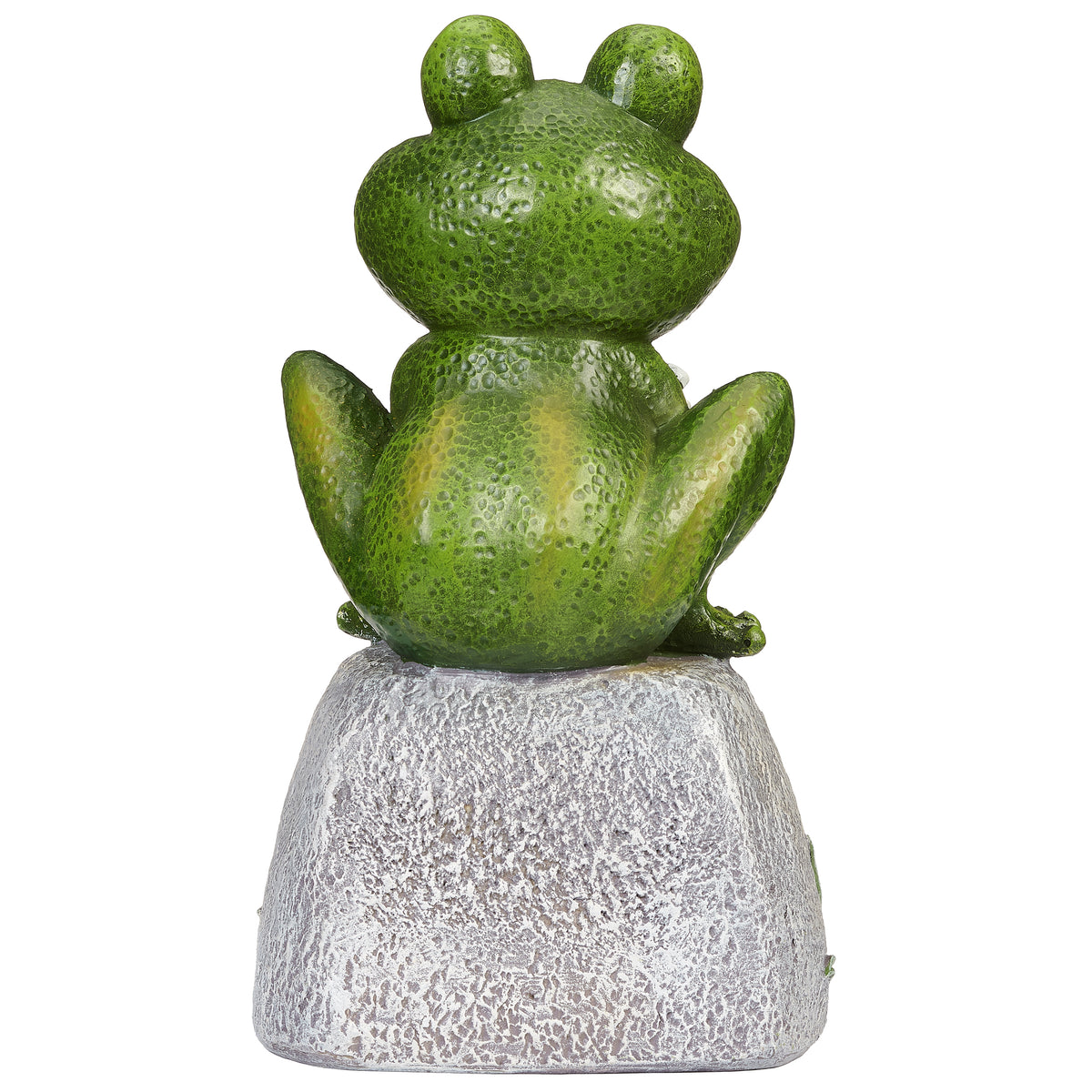 Back view of Frog on Stone Garden Statue showing the rounded frog body and gray stone base