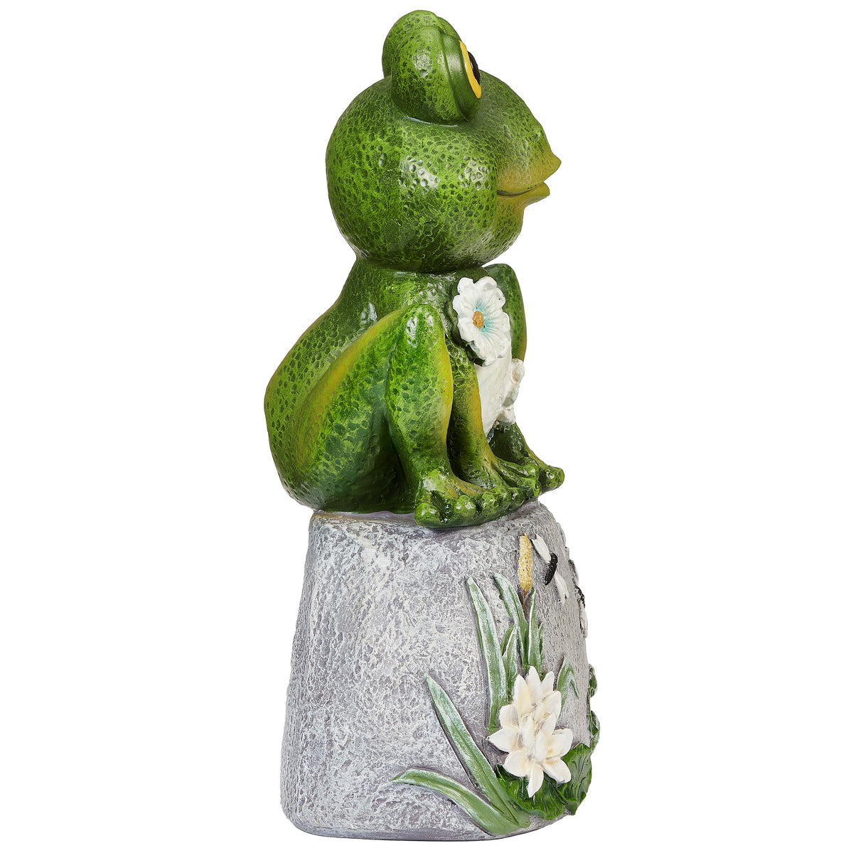 Opposite side view of Frog on Stone Garden Statue showing the green frog, floral accents, and pond-inspired details