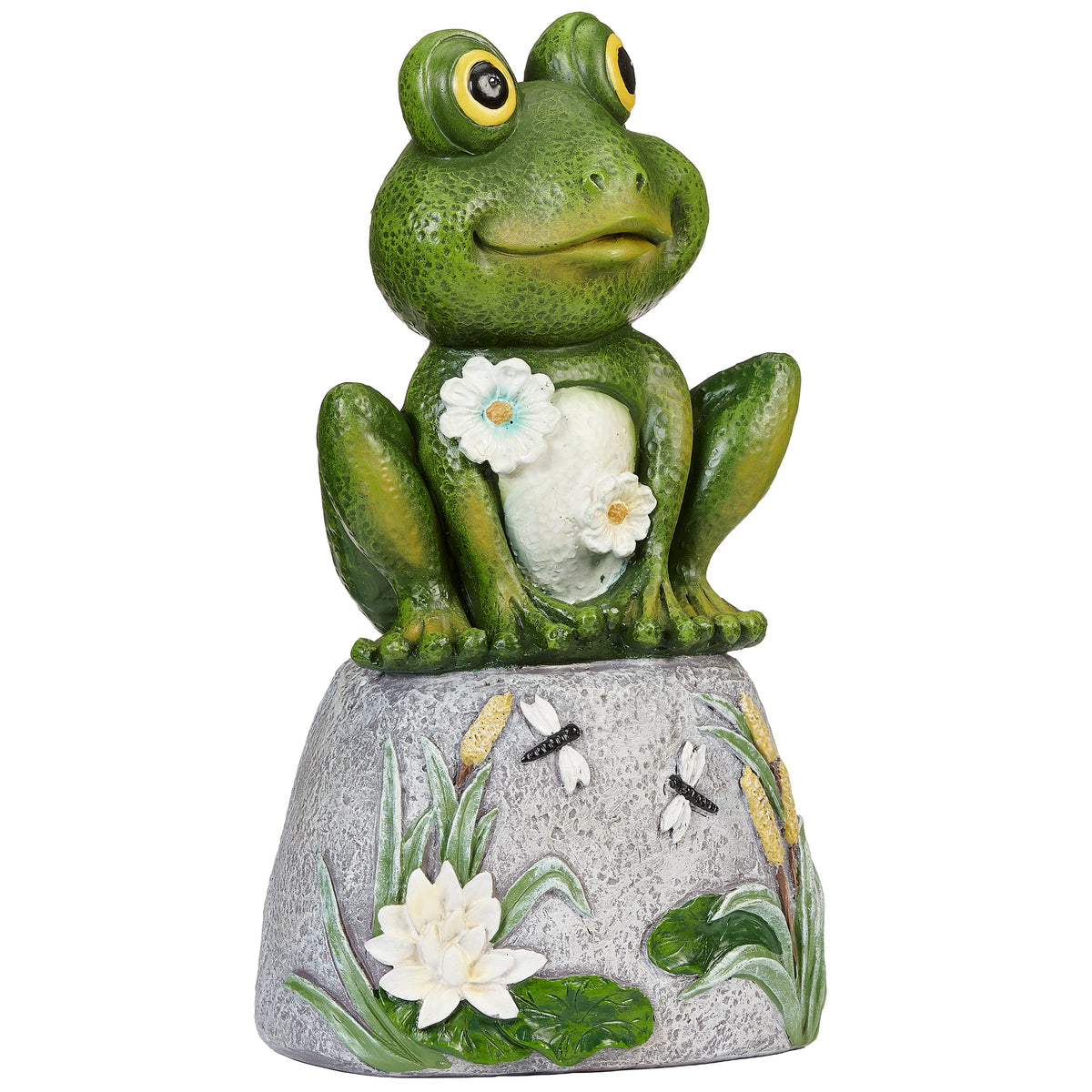 Alternate front angled view of Frog on Stone Garden Statue highlighting the frog’s smiling face, bright eyes, and decorative stone base