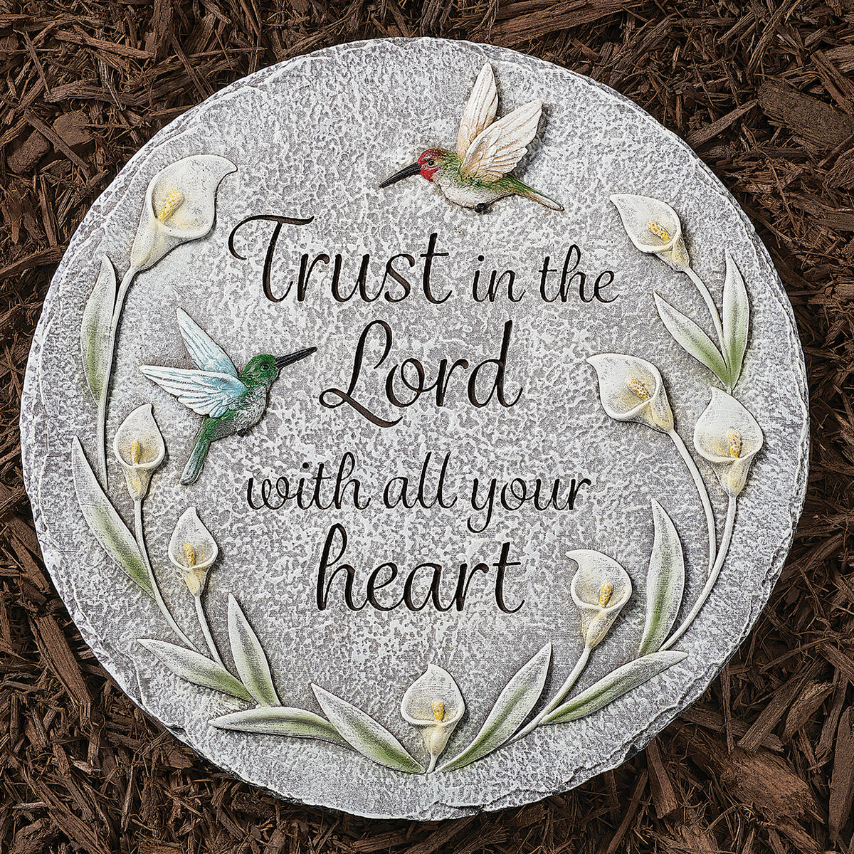Trust in the Lord Hummingbird Garden Stone with floral details and scripture
