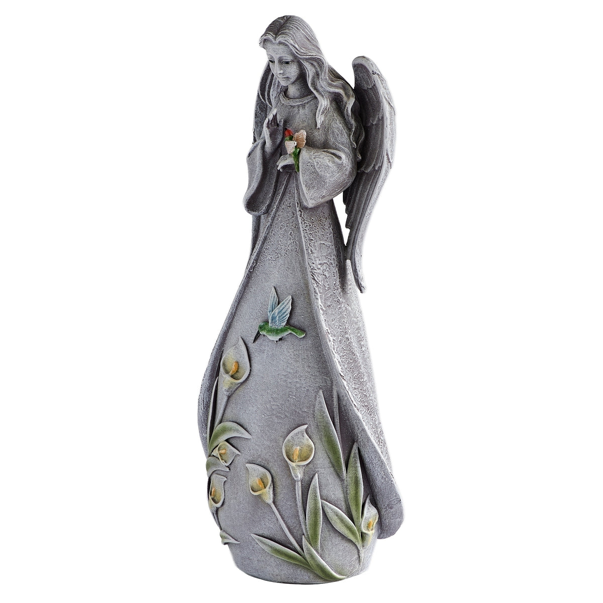 Opposite side view of Hummingbird Angel Garden Statue with calla lily details