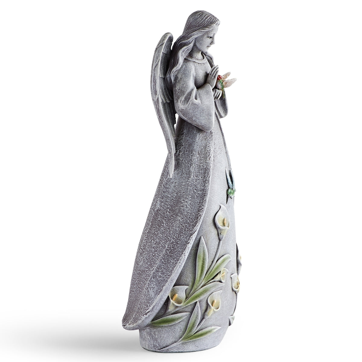 Side view of Hummingbird Angel Garden Statue with floral and hummingbird details