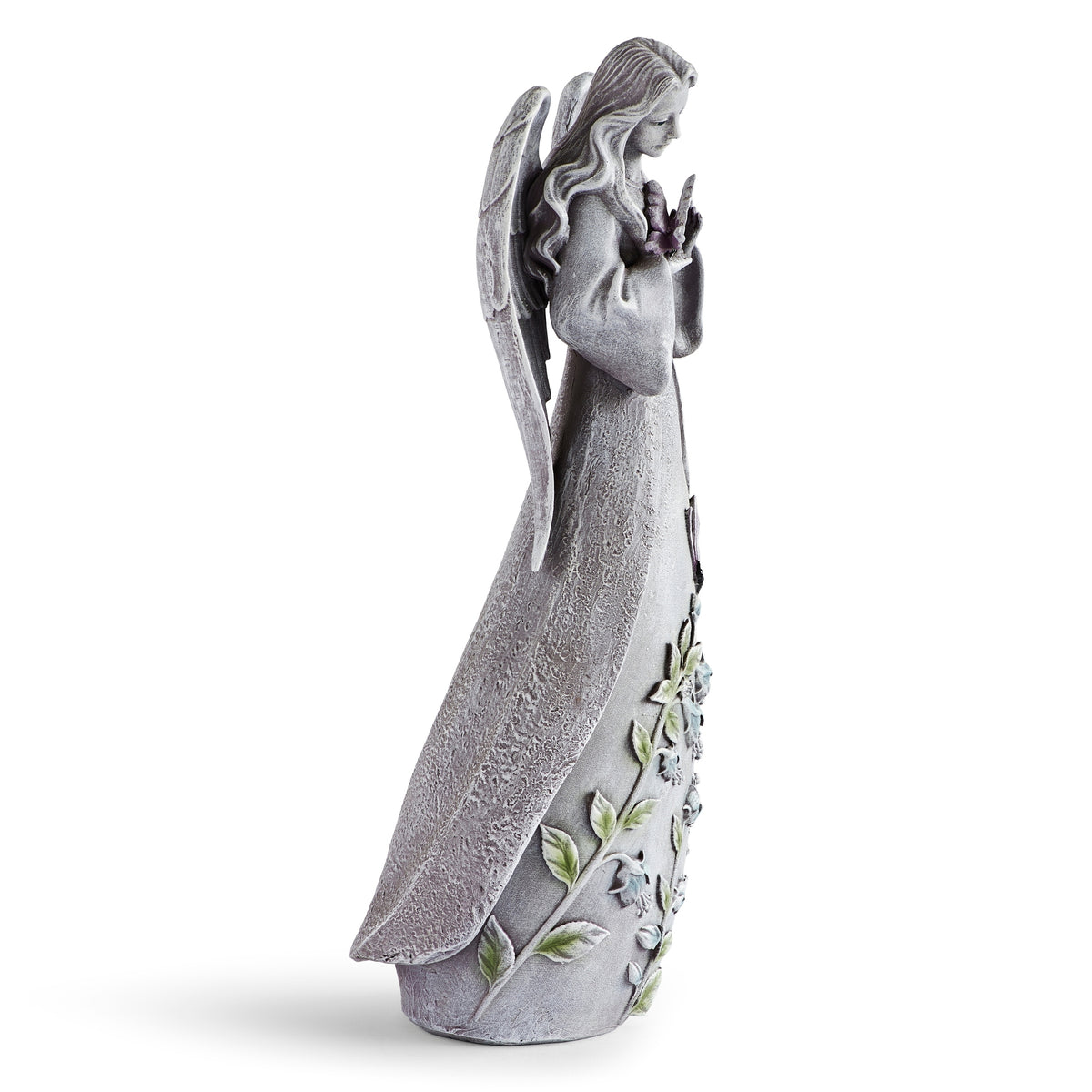 Side view of Butterfly Angel Garden Statue showing wings and floral details