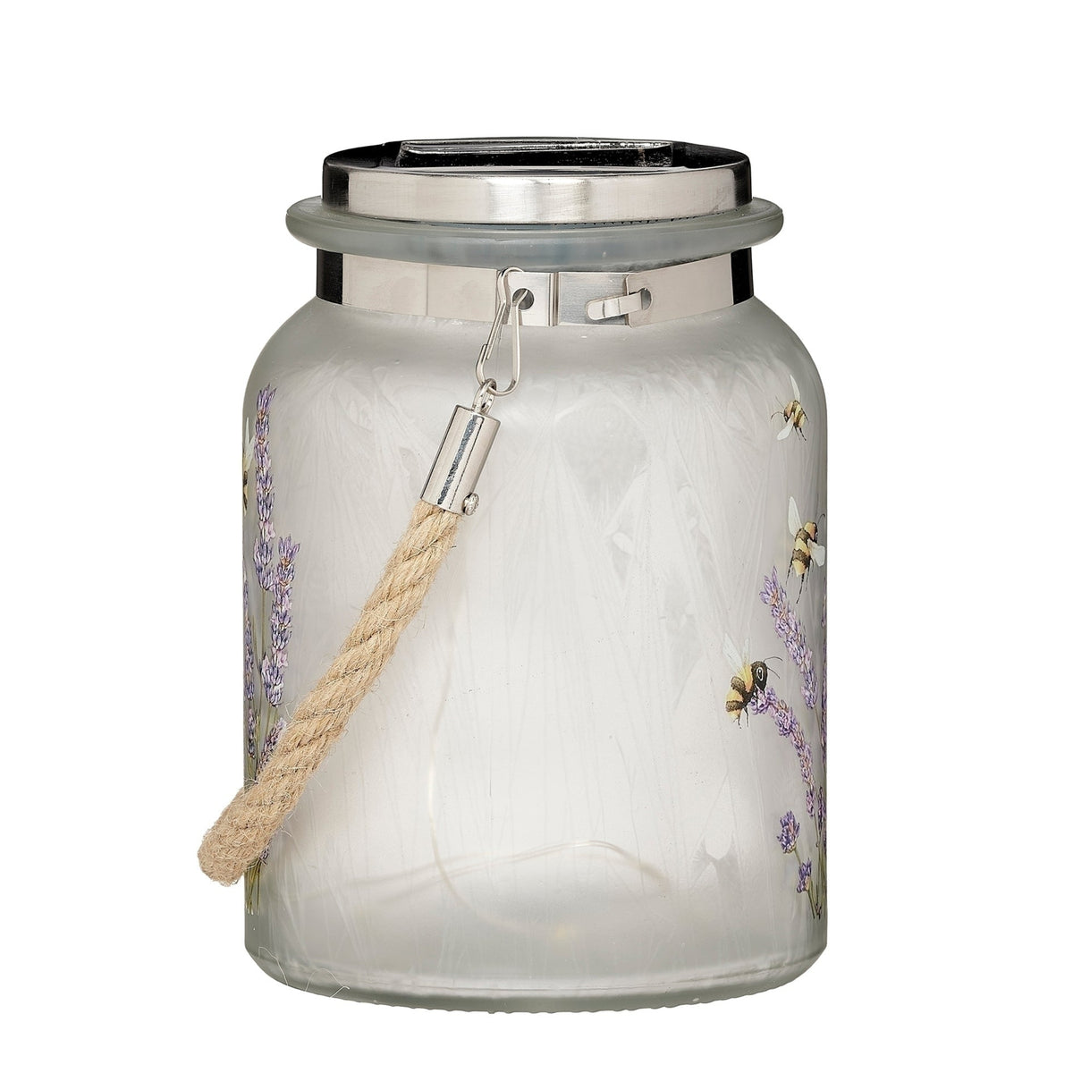 Alternate view of solar-powered glass garden jar with rope handle