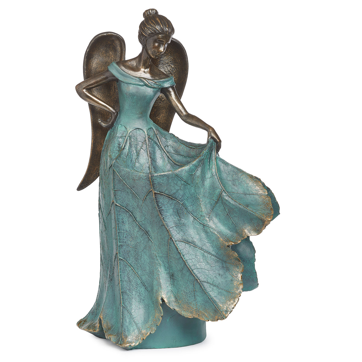 Front angled view of Angel Bird Feeder showing the angel’s wings, flowing gown, and built-in feeding bowl