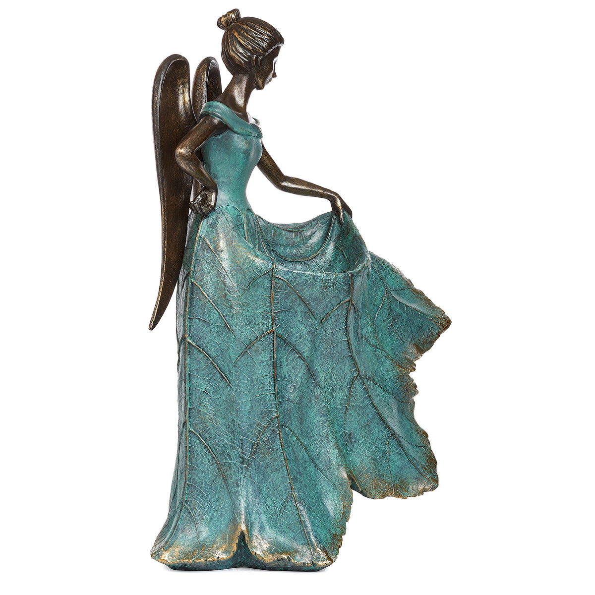 Side angled view of Angel Bird Feeder highlighting the flowing leaf-textured gown and sculpted wings
