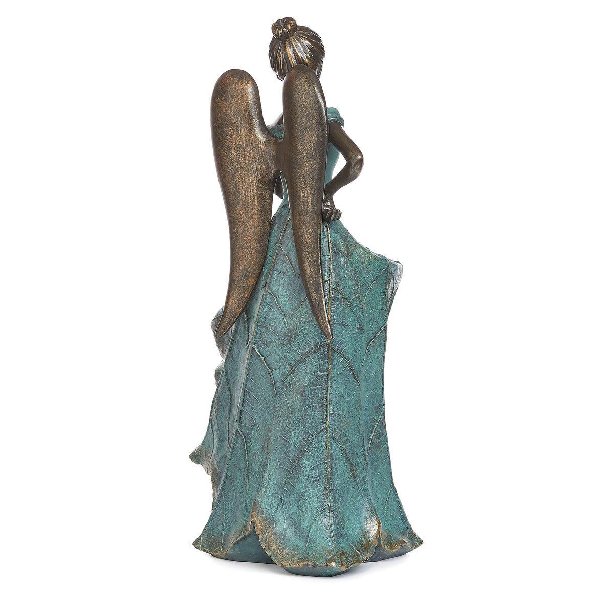 Back view of Angel Bird Feeder showing the bronze-tone angel wings and long blue-green gown