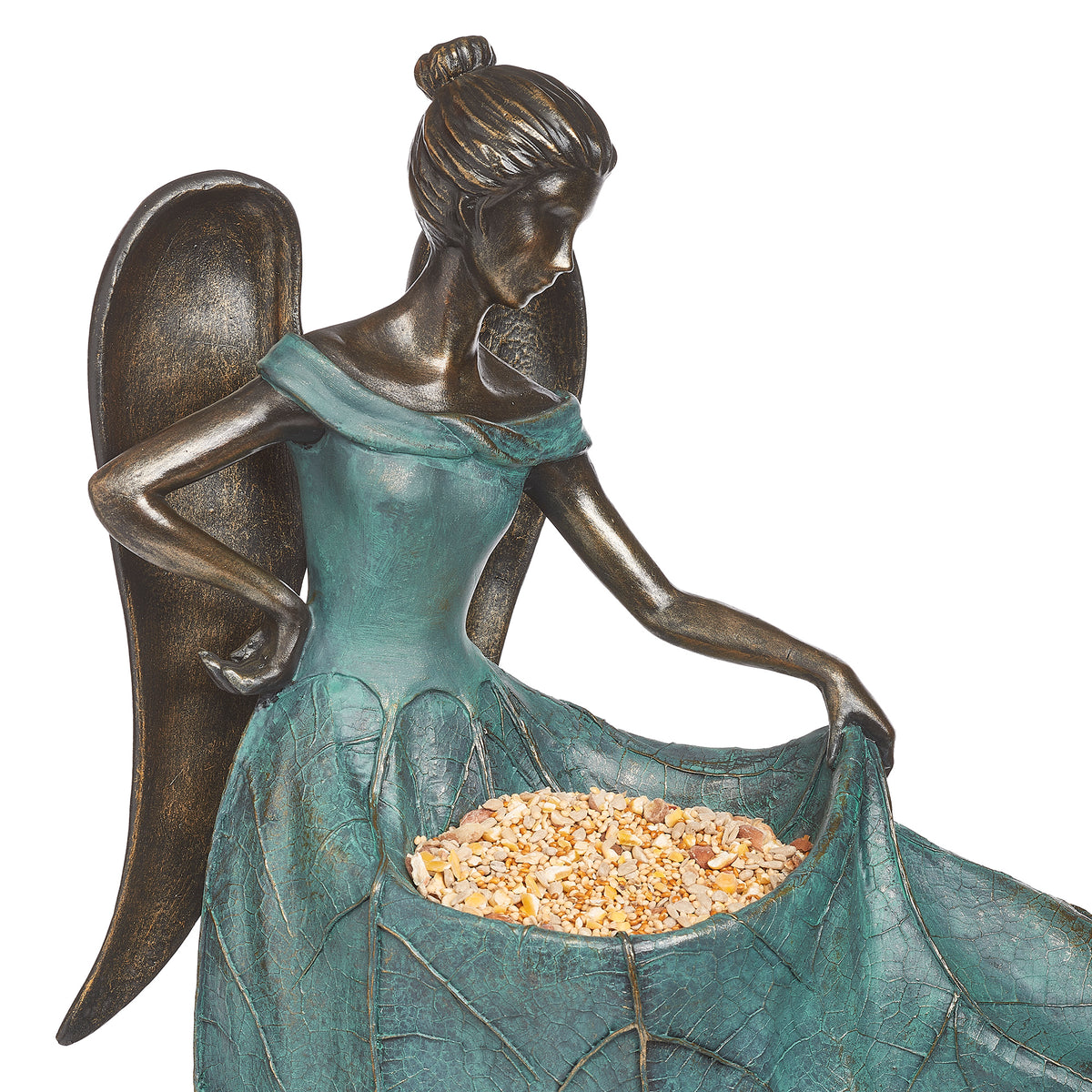 Close view of Angel Bird Feeder with birdseed displayed inside the gown-shaped feeding bowl
