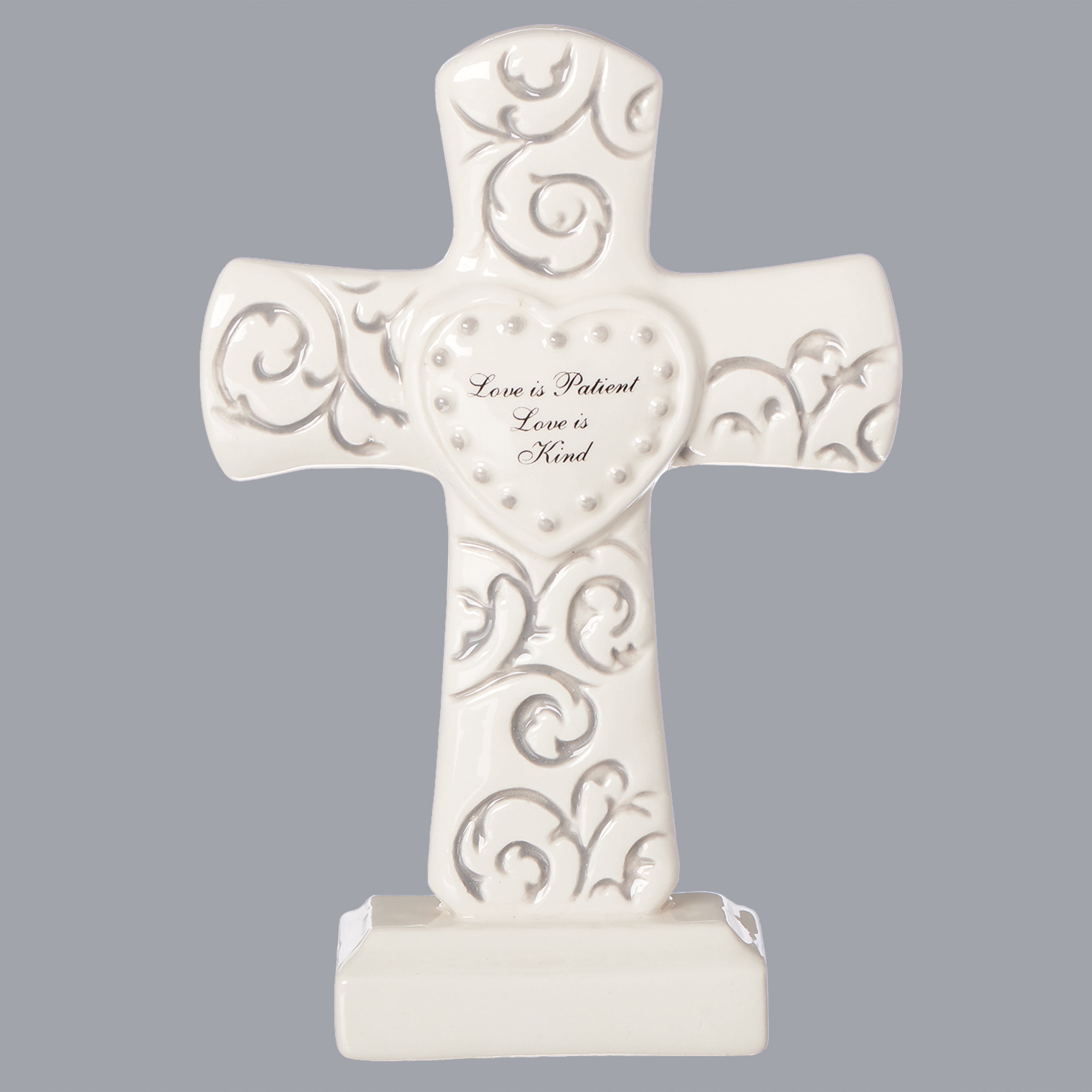 Love Is Patient Silver Scroll Table Cross