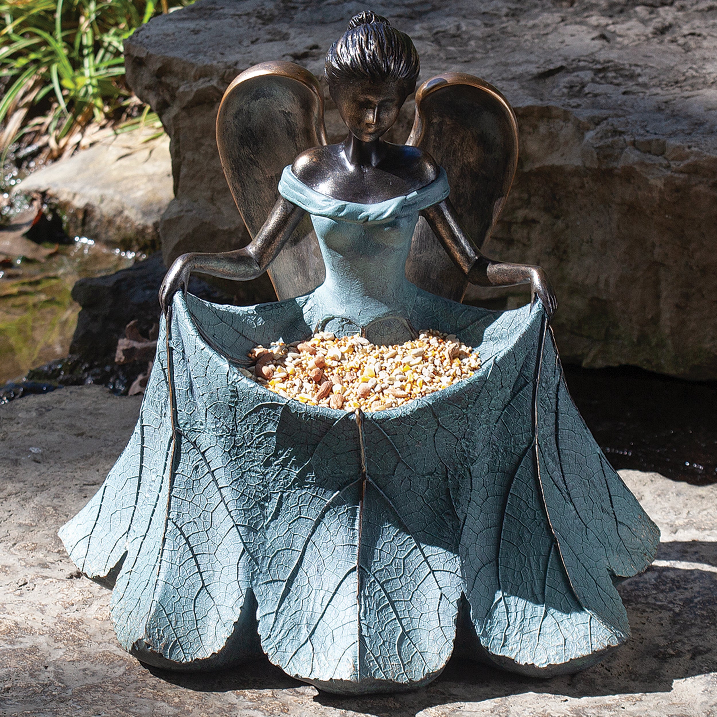 Bronze Curtsy Angel Bird Feeder Garden Statue