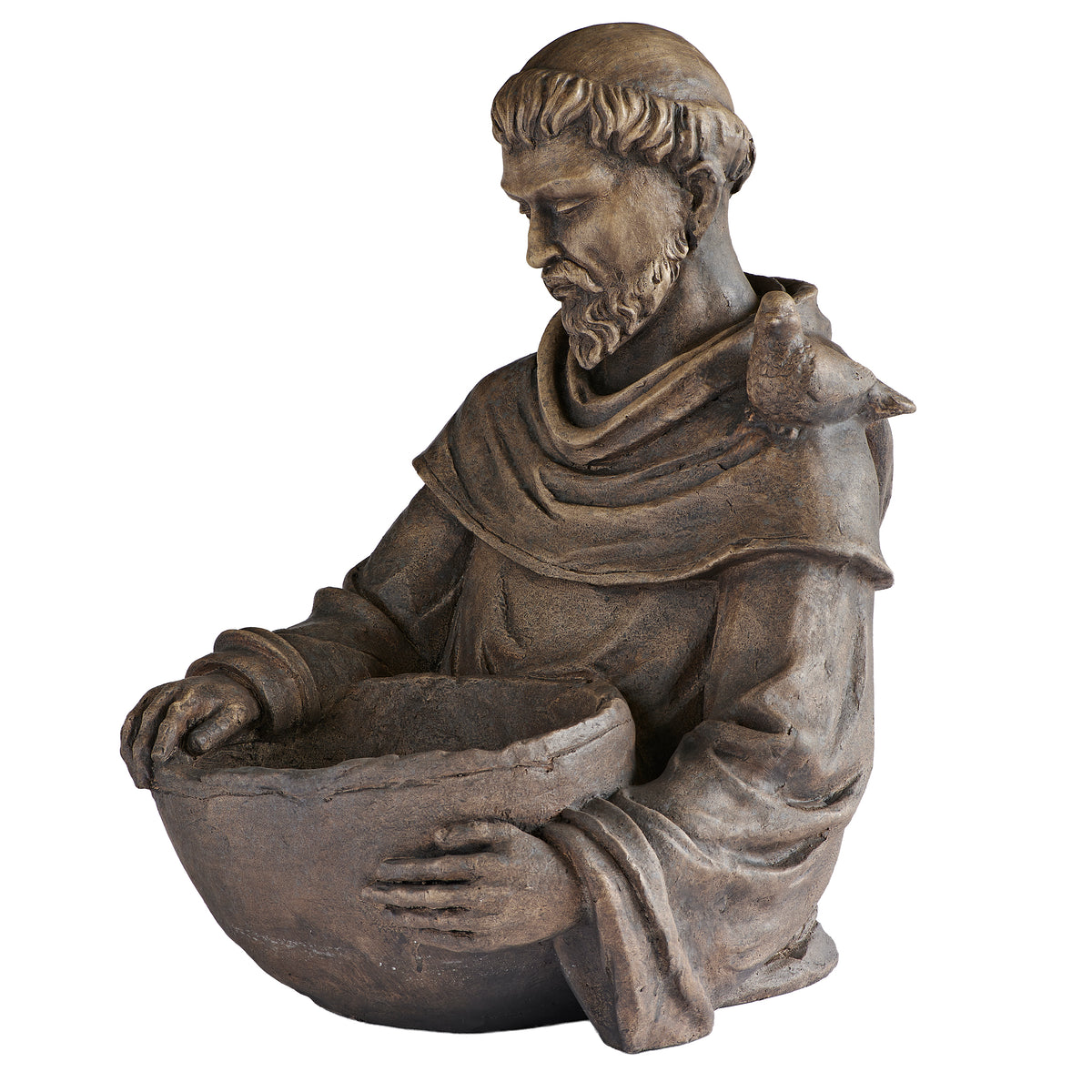 Front angled view of Saint Francis Bird Bath showing the seated figure, bird accent, flowing robes, and wide bowl
