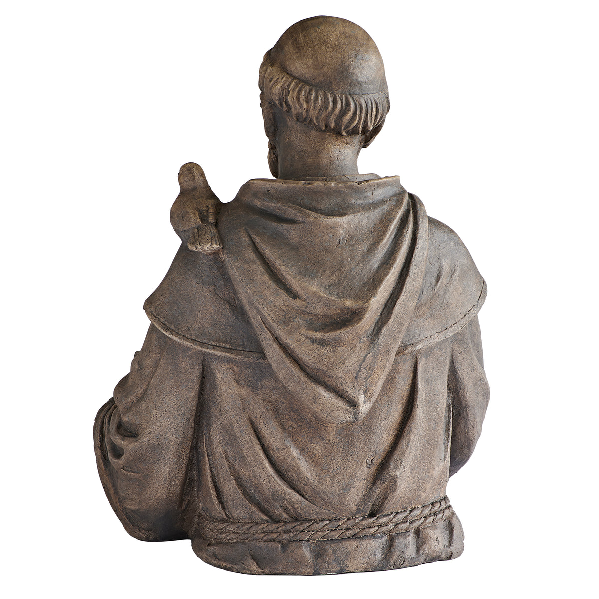 Back view of Saint Francis Bird Bath showing the detailed hooded robes and sculpted stone-look finish