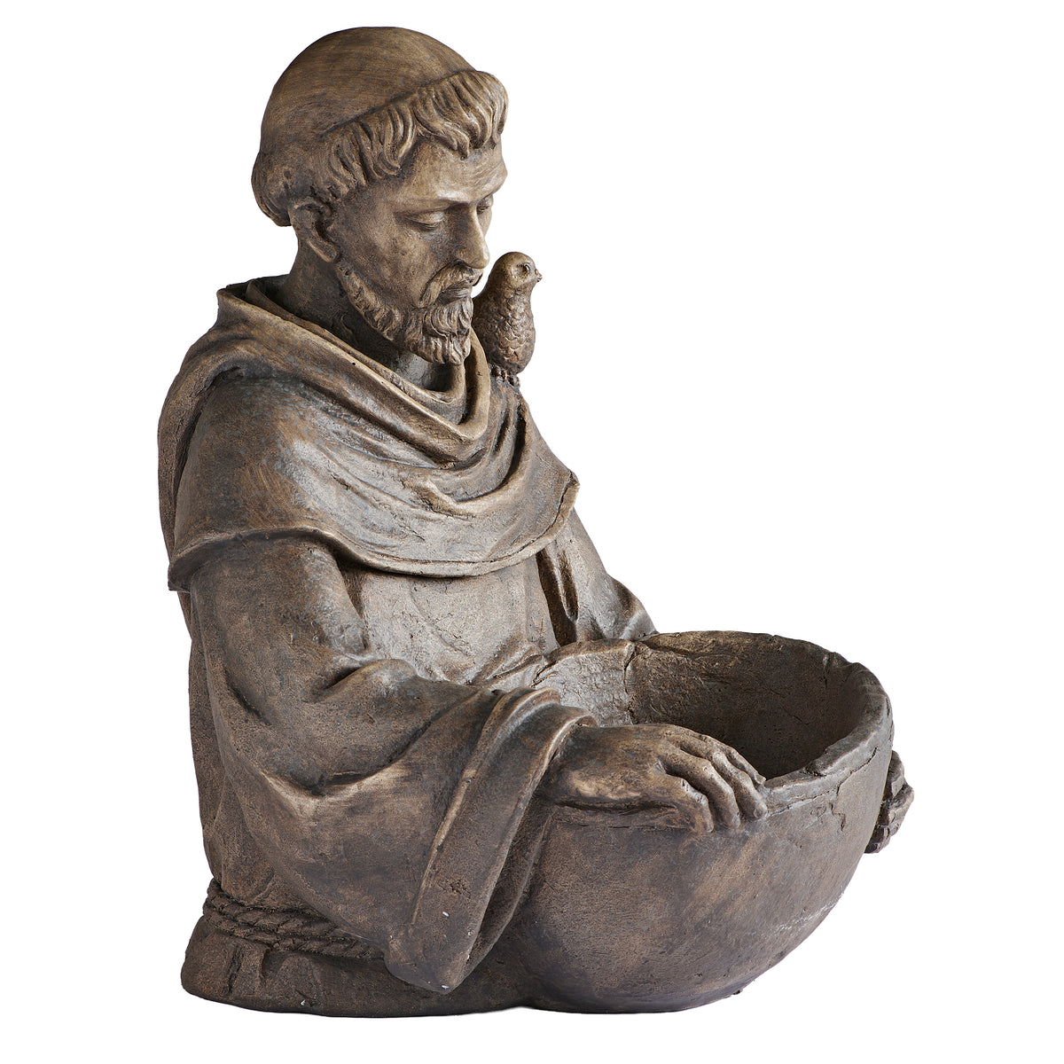 Side view of Saint Francis Bird Bath showing St. Francis seated with the bird on his shoulder and bowl held in front