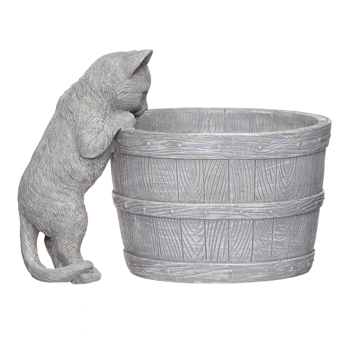 Side view of Kitten Bucket Planter showing the kitten peeking into the textured faux-wood bucket