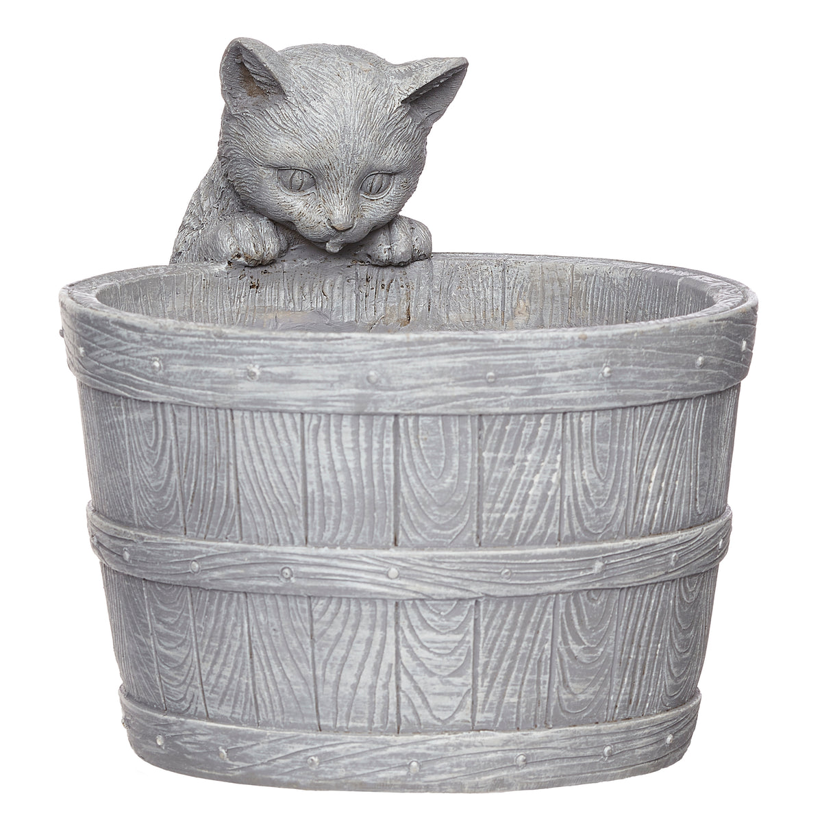 Front view of Kitten Bucket Planter showing the kitten's head peeking over the rim of the rustic bucket