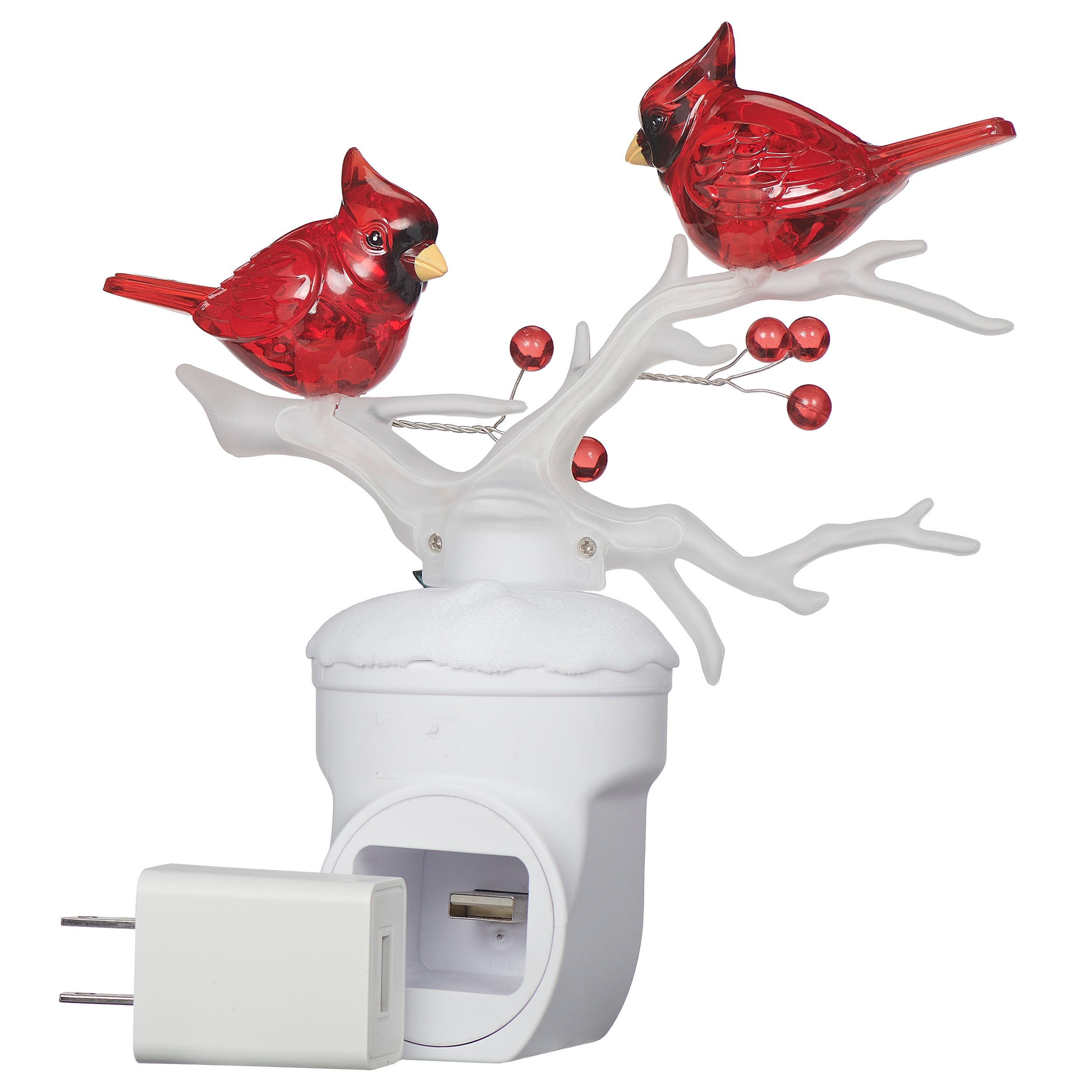 Two cardinals on branches night-light on white base 