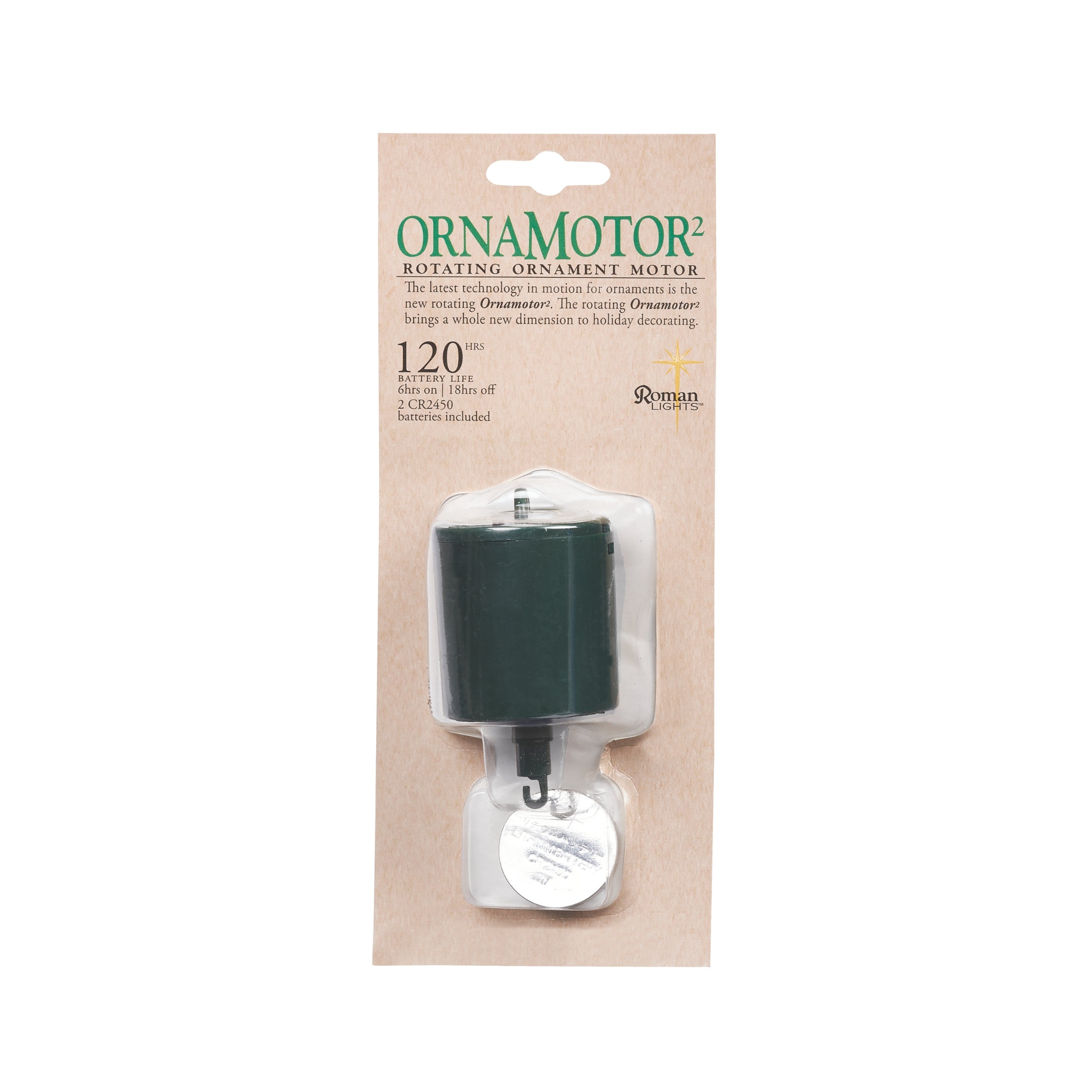 Ornamotor rotating ornament motor packaging on a beige background
