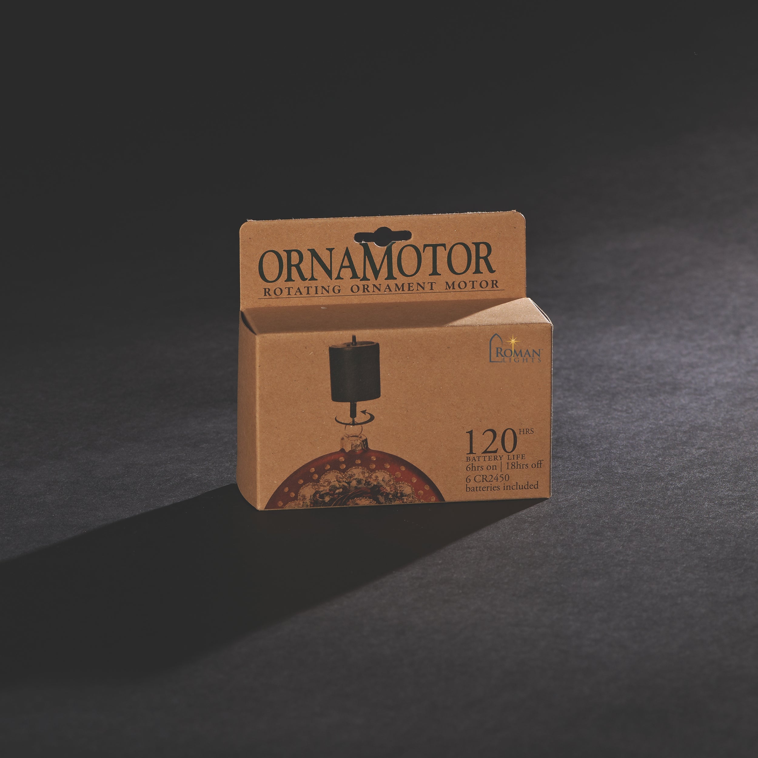 Brown box with 'Ornamotor' branding on a dark gray background