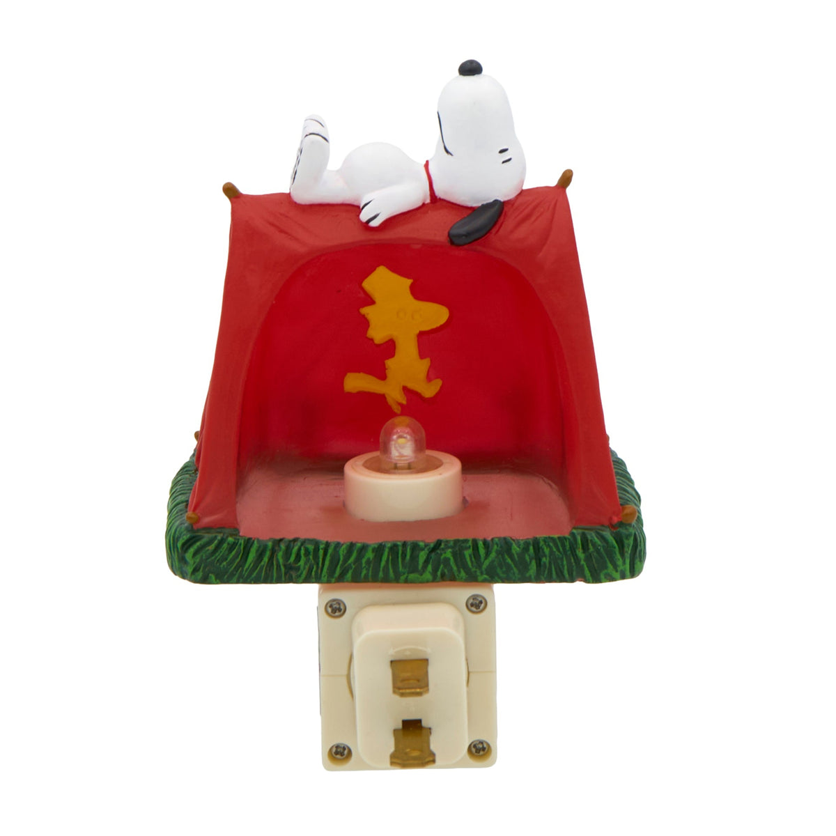 Front view of Snoopy with Woodstock Night-Light showing Snoopy on the red doghouse with Woodstock and yellow floral details