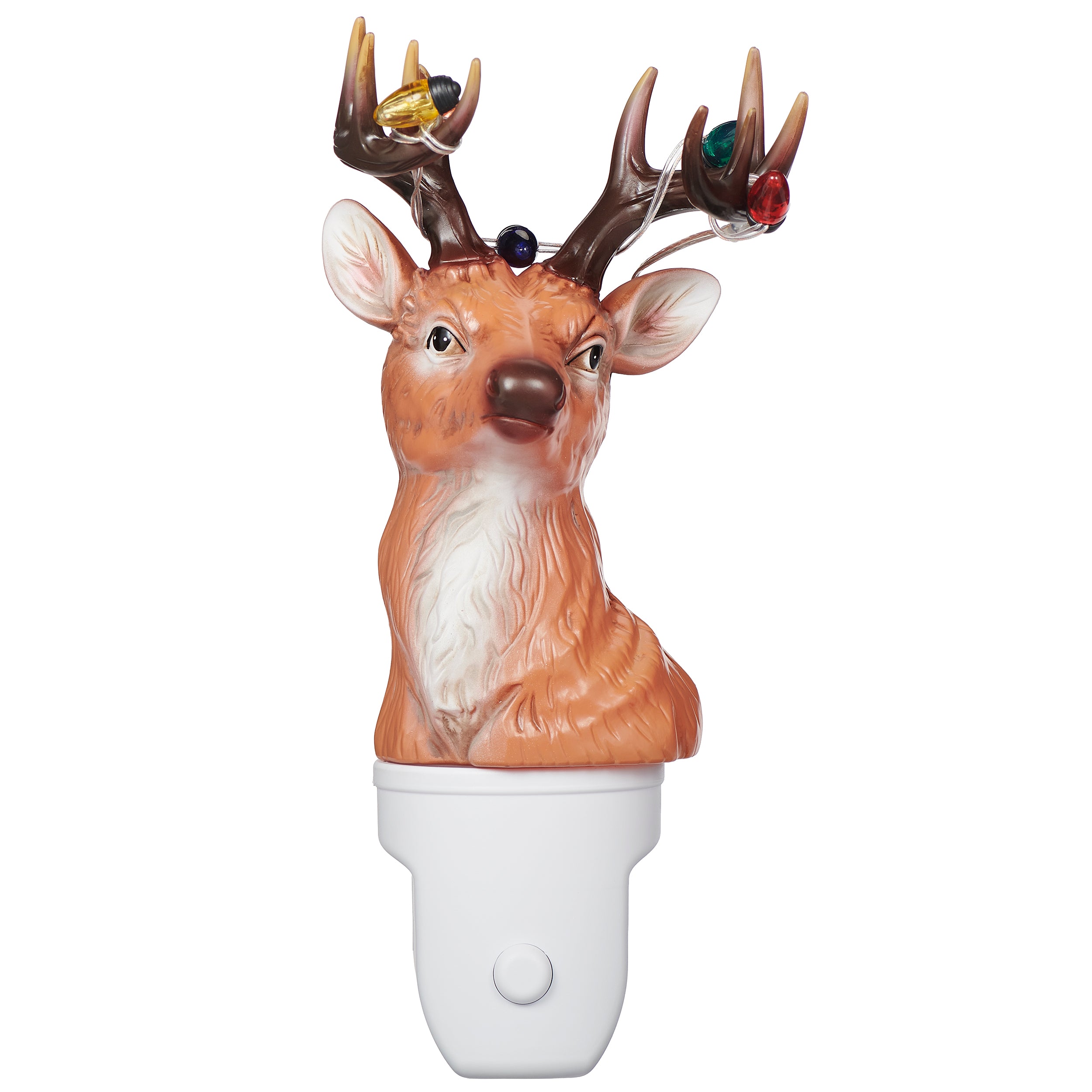Deer-shaped night light with colorful antlers on a white background