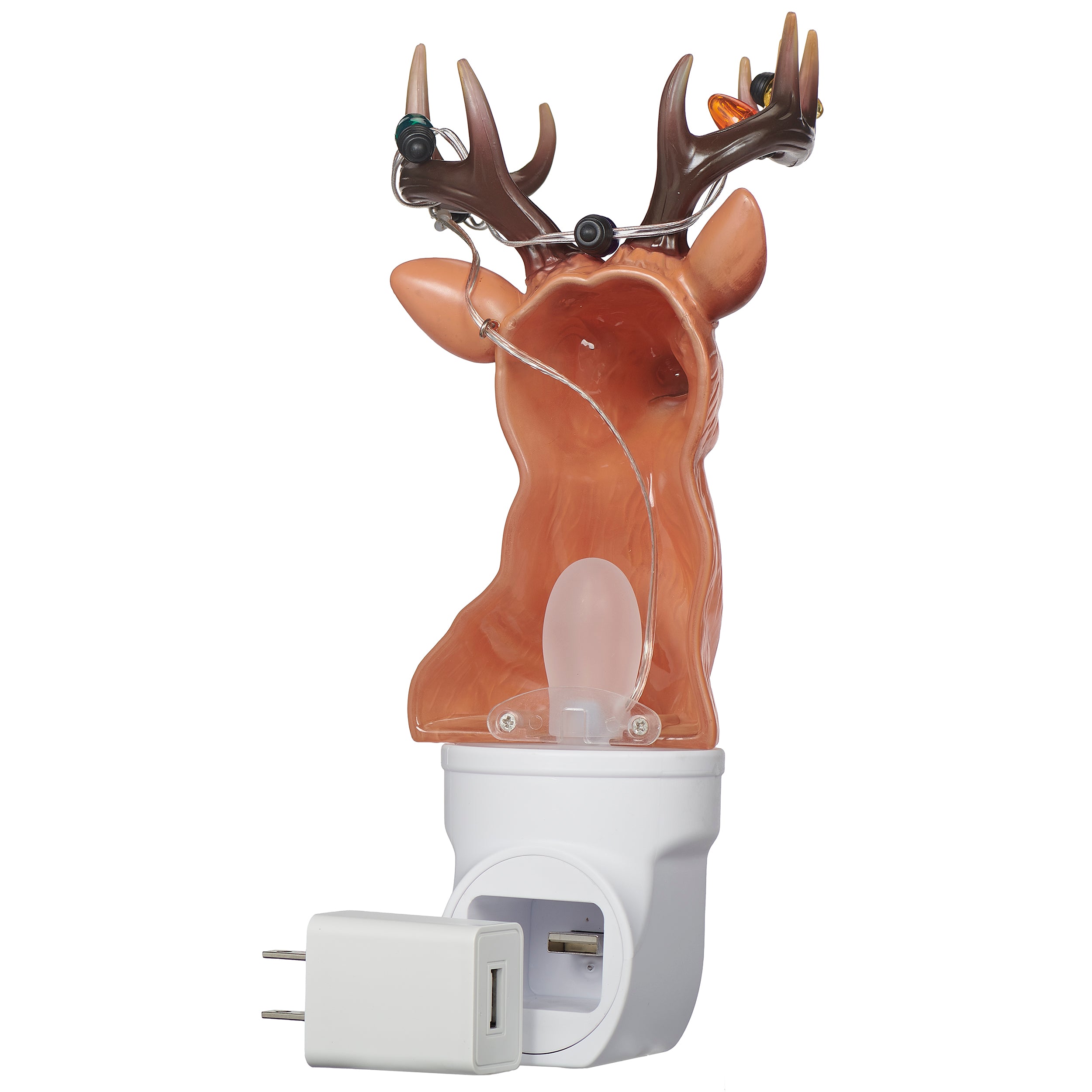 Deer-shaped night light with a white base on a white background