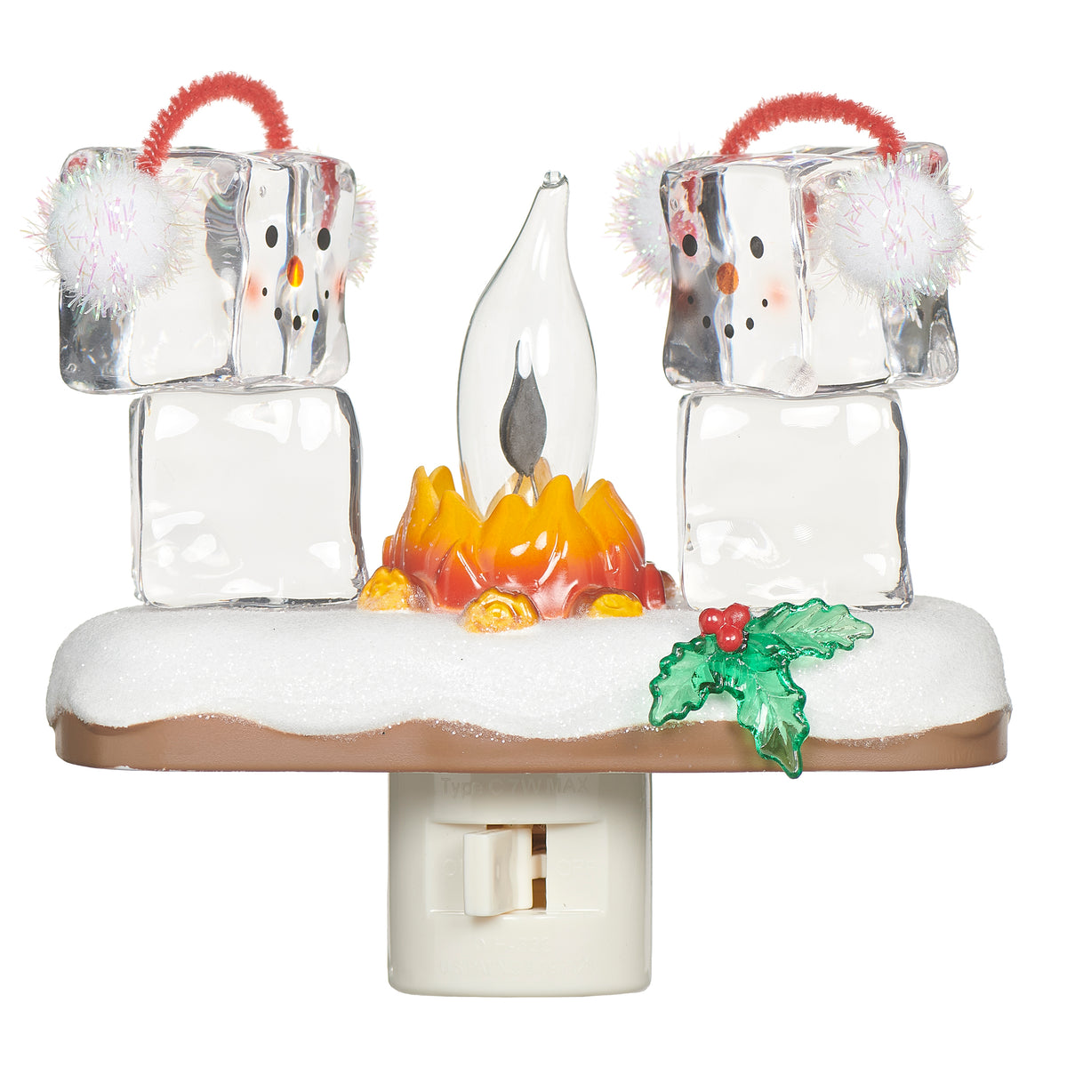 Front view of Ice Cube Couple Campfire Night-Light showing the two winter characters, campfire, snowy base, and white plug-in base